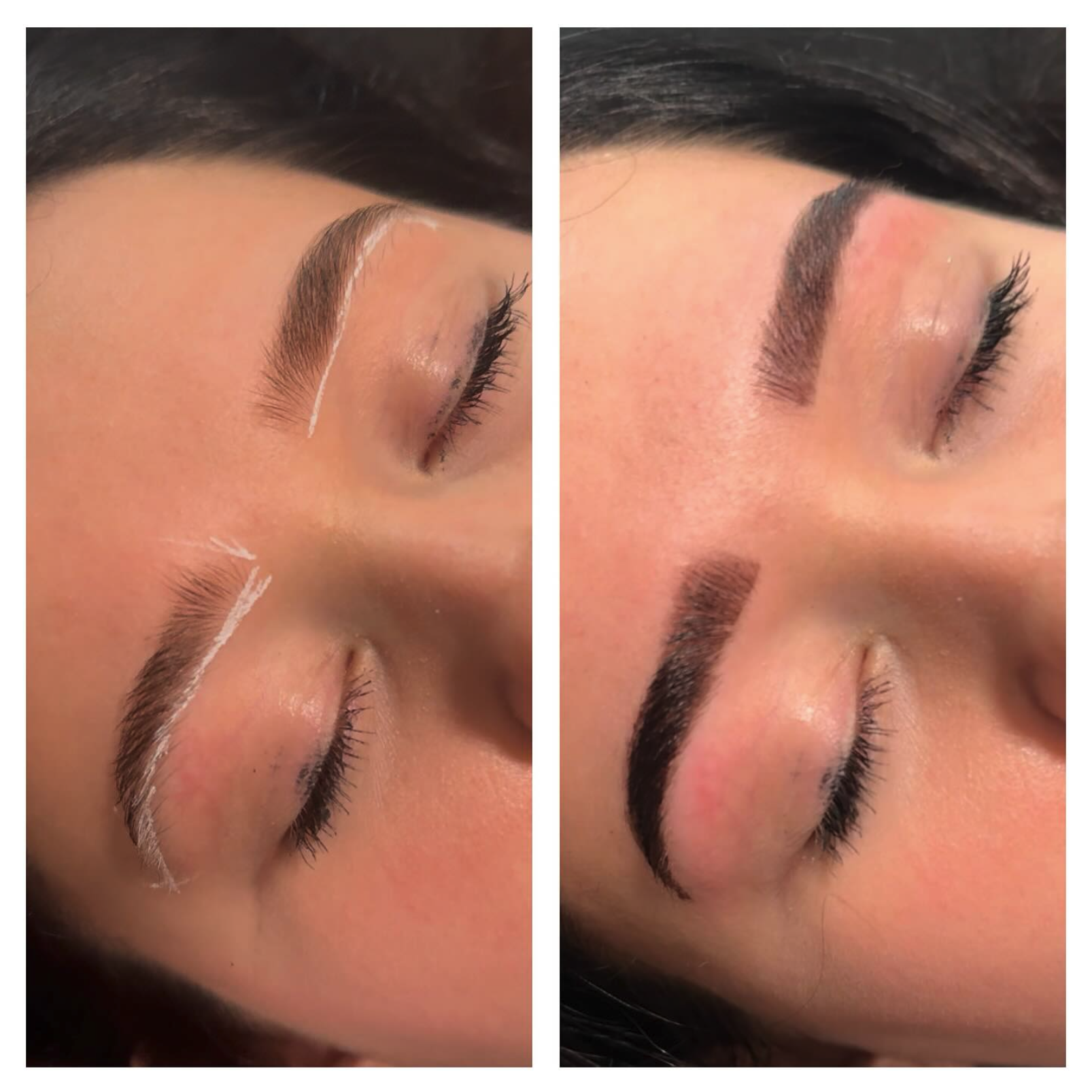 Comparison of eyebrows before and after cosmetic enhancement, showing the transformation from natural to filled-in, defined brows.