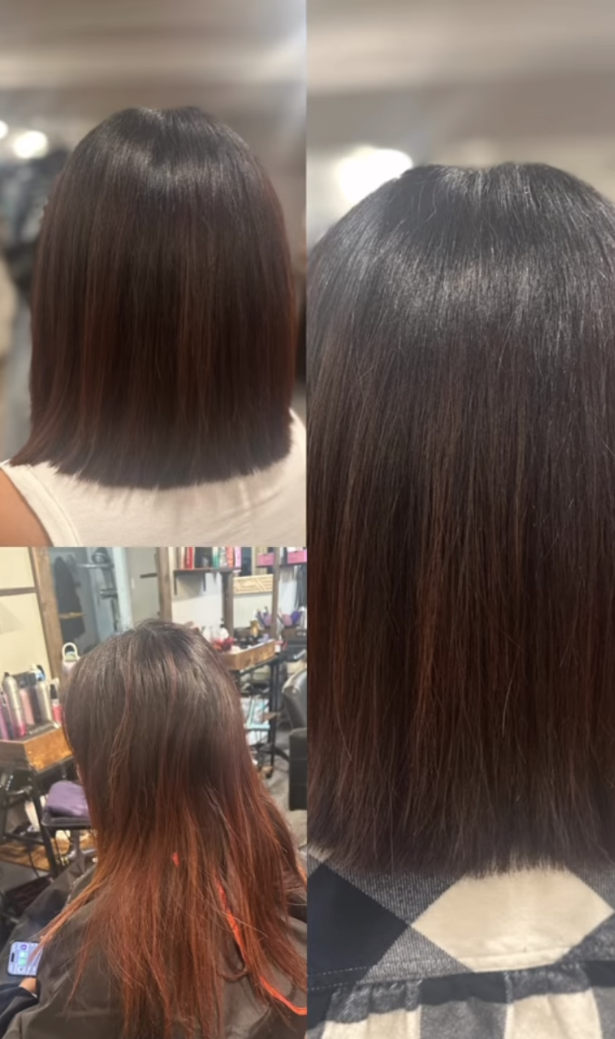 Side-by-side images of a woman's hair before and after a professional hair treatment, showing a transition from uneven, frizzy, reddish-brown hair to smooth, shiny, darker brown hair.