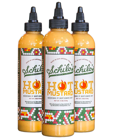 A bottle of Schlilo's Hot Mustard, standing upright, with a yellow label featuring a chili pepper, honeycomb pattern, and red and green accents.