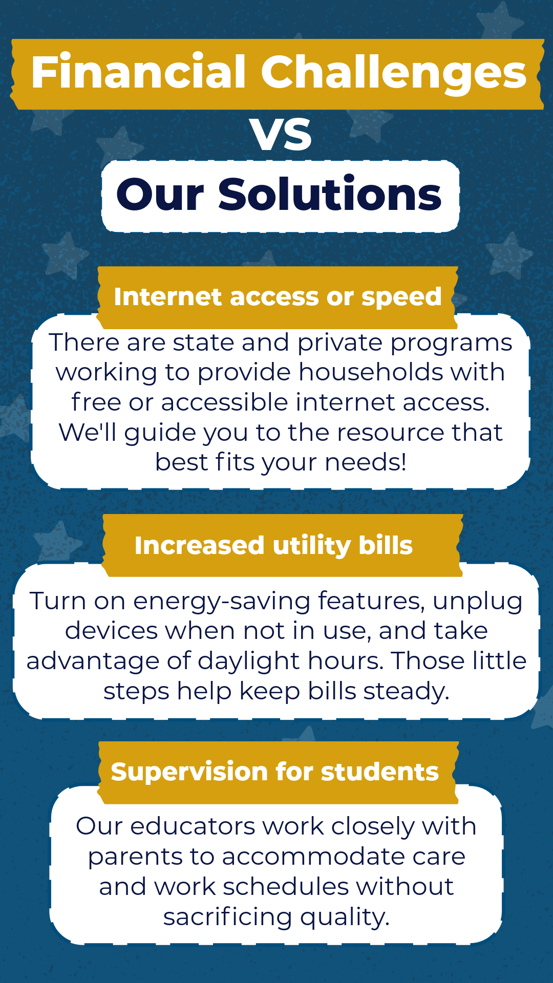 A graphic breaking down common financial challenges and our solutions