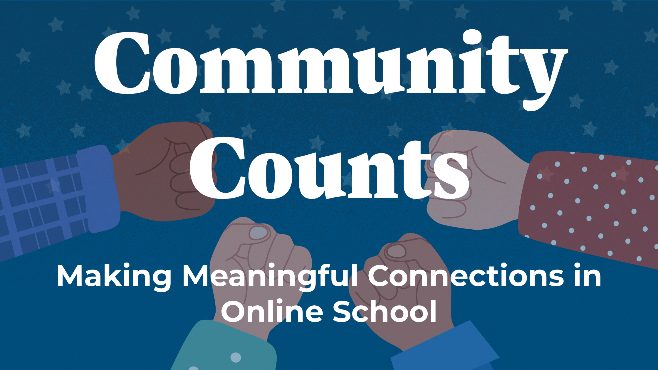 A blue header with text about online school community