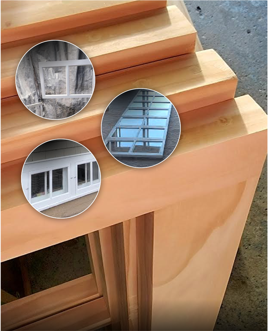 Close-up of wooden furniture with inset images of window frames in different styles.