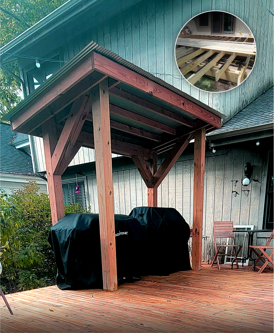 A wooden deck with a pergola structure built with redwood, featuring a corrugated metal roof. In the background, there are outdoor chairs, a table, and a wall-mounted light fixture. The inset image shows the process of framing a deck attachment with wooden beams.