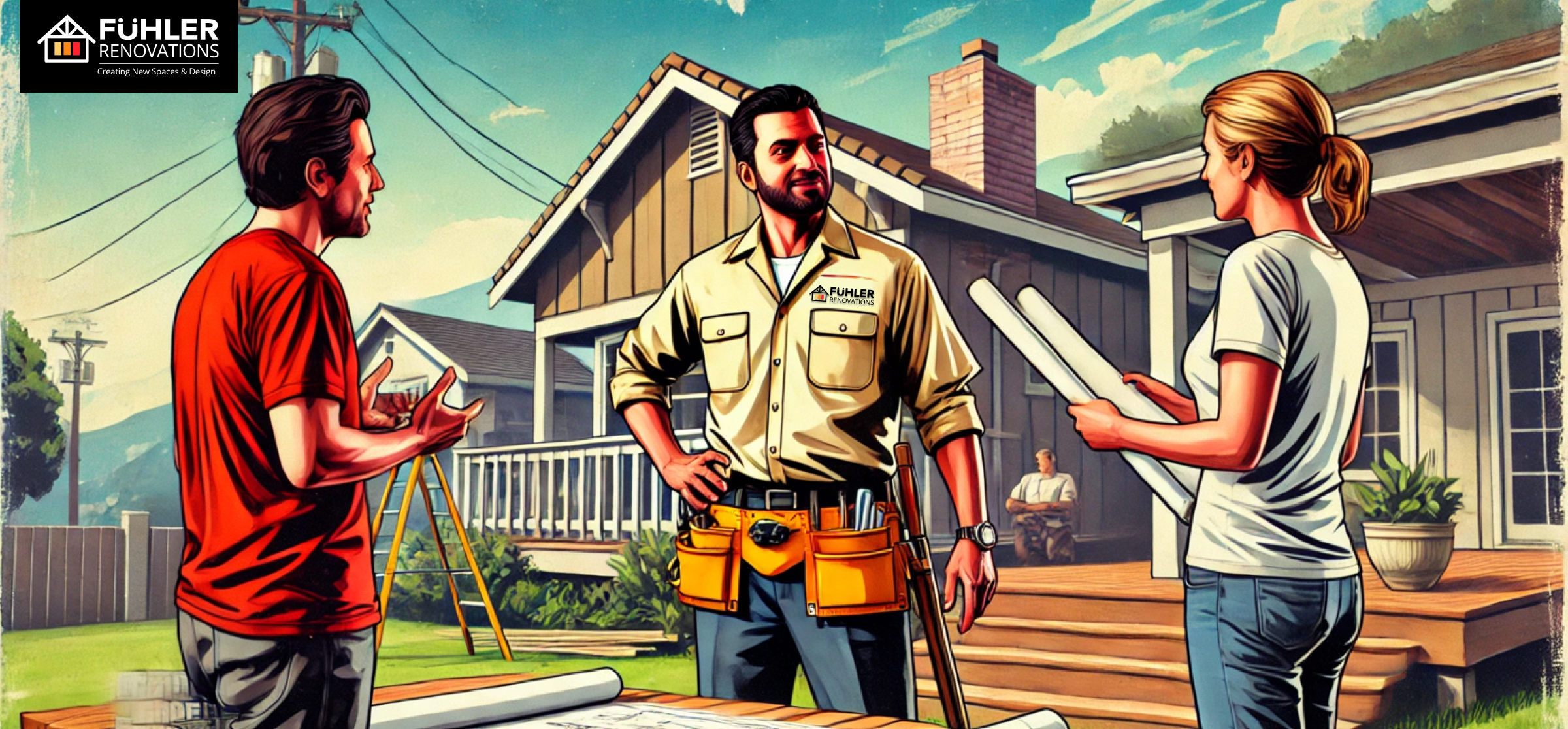 Three people, two men and one woman, are having a conversation outside a house during a renovation project. The man in the middle is wearing a beige work shirt with a tool belt and is likely a contractor. The woman on the right is holding blueprints, and the man on the left is gesturing with his hands. There is construction equipment and a person sitting on a deck in the background.