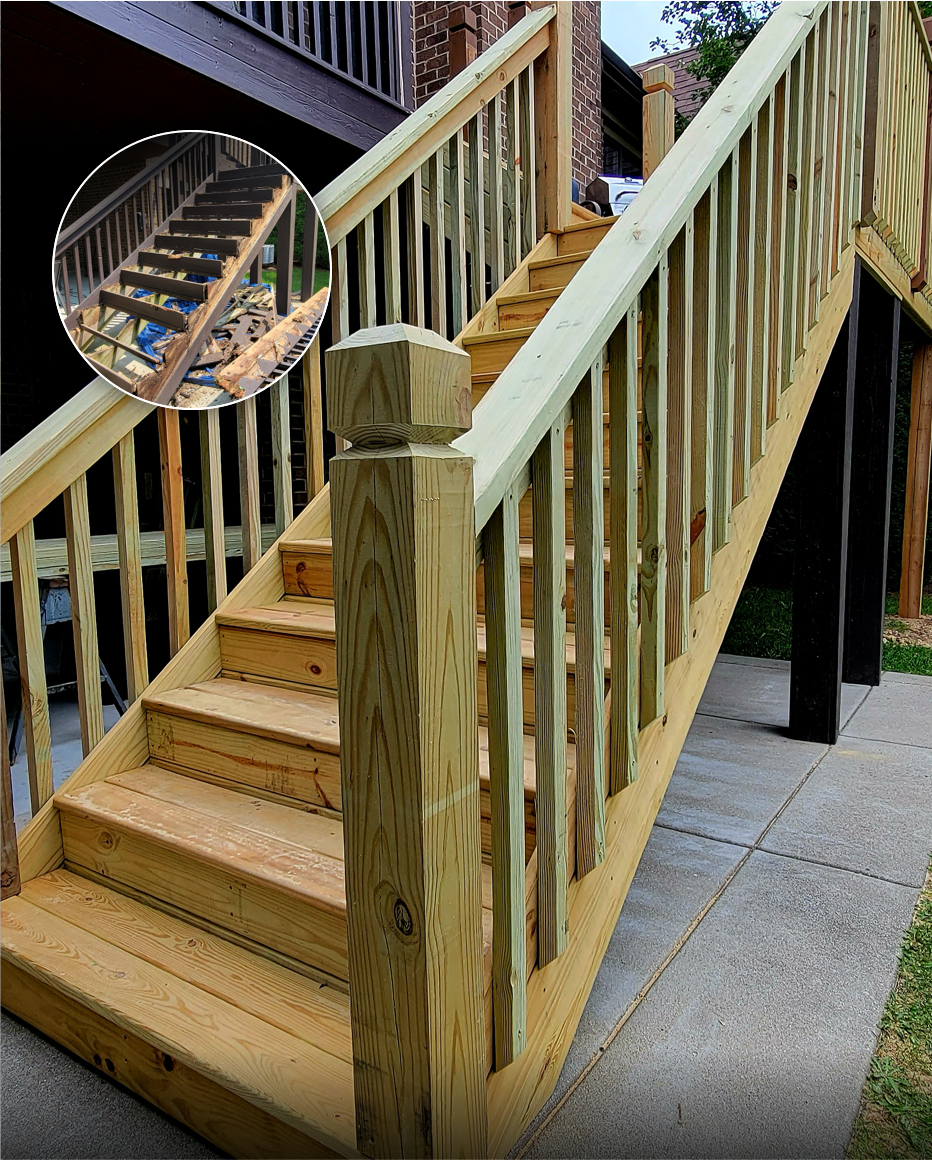 New wooden outdoor staircase under construction with a railing, part of a residential renovation project by Fühler Renovations.