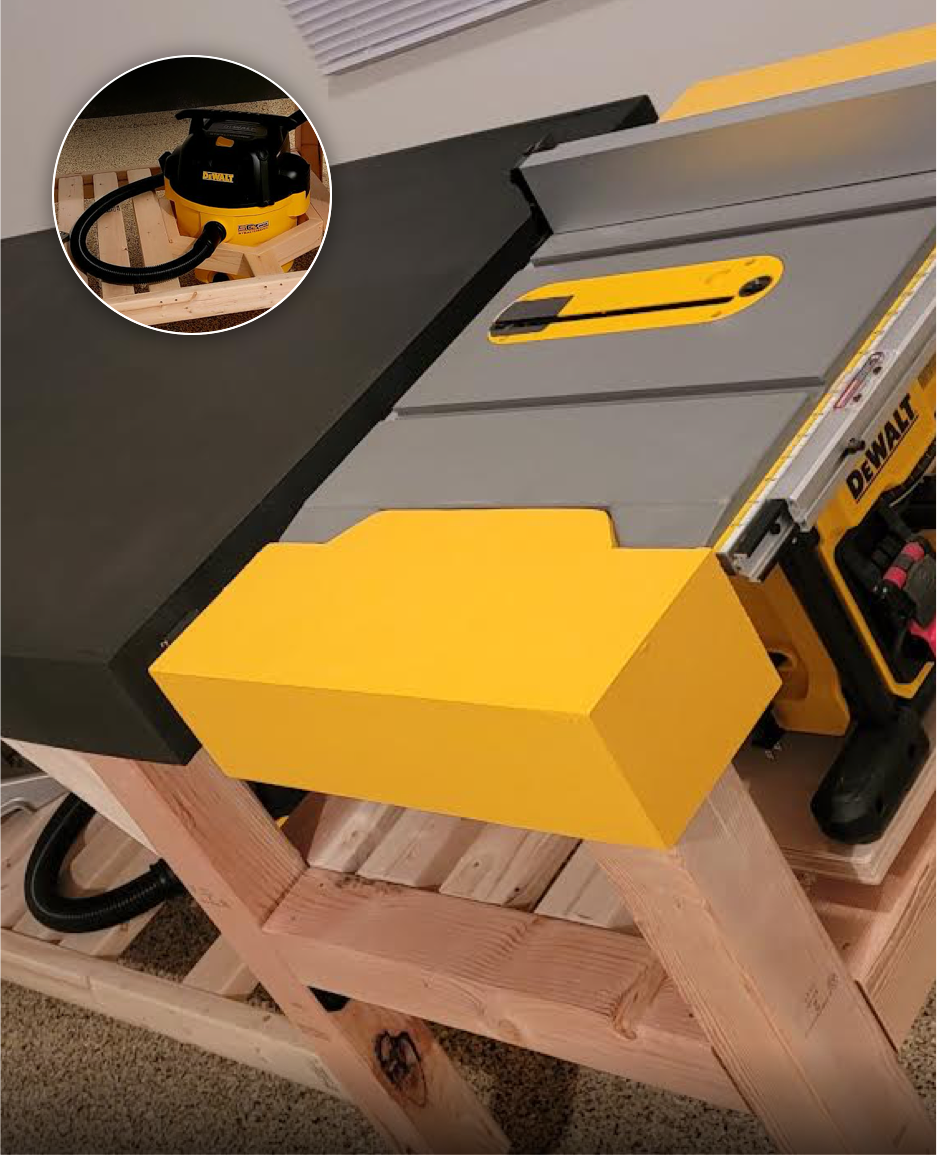 A woodworking shop setup with a yellow DeWalt table saw on a wooden stand, and a yellow shop vacuum on a small wooden shelf nearby.