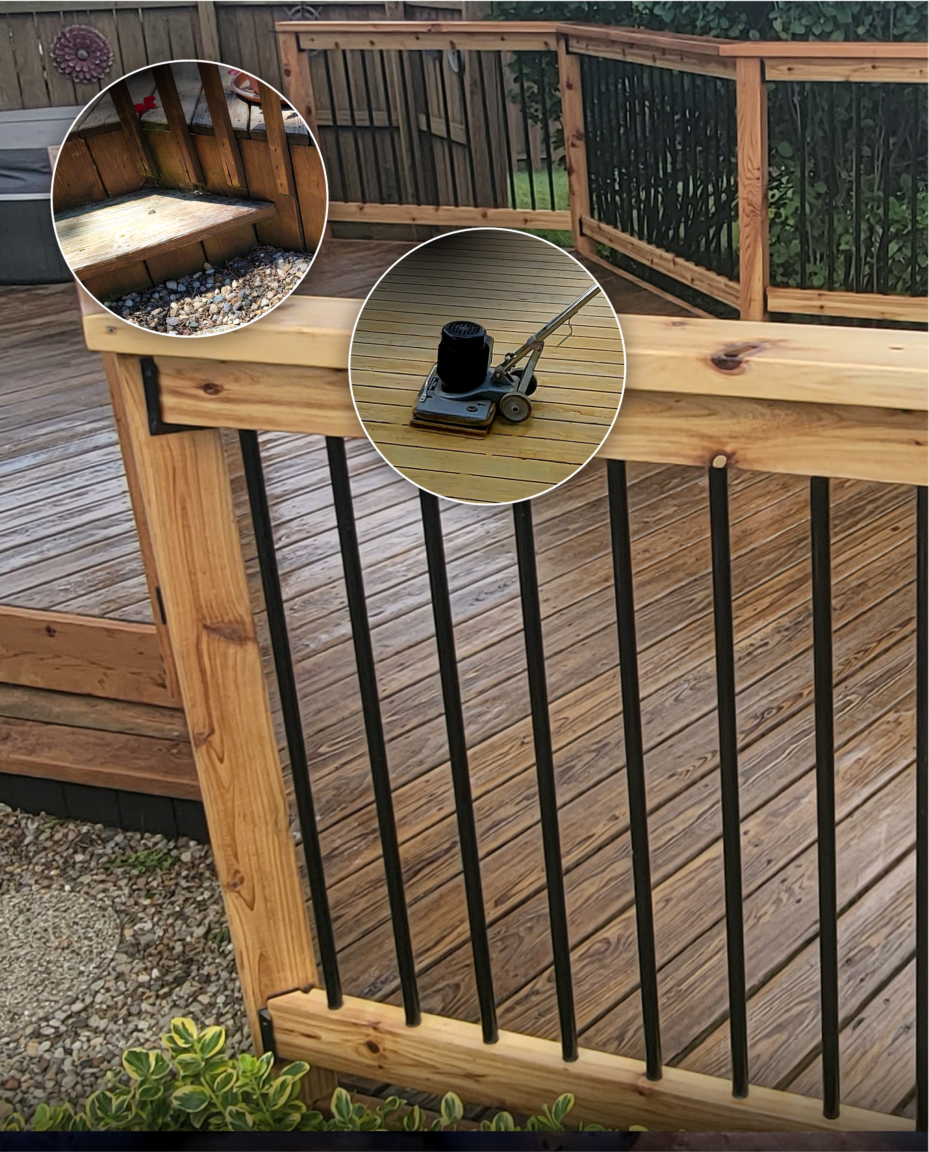 A wooden deck with black metal railing, showing a power sander on the floor and an inset of a wooden bench with gravel underneath.