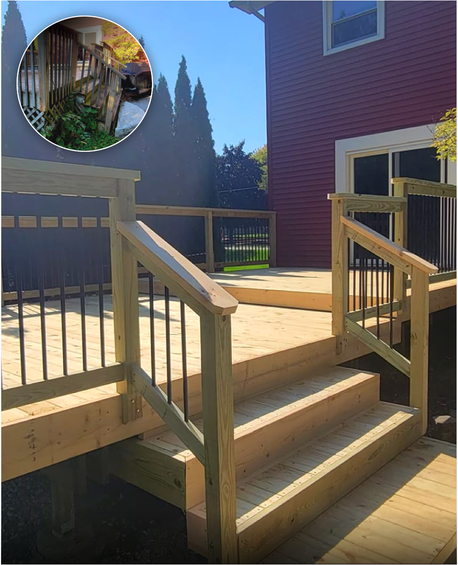 Wooden deck with stairs attached to the back of a house, featuring black metal railing and a red house exterior with white trim. Inset shows a close-up of a damaged wooden staircase rail.