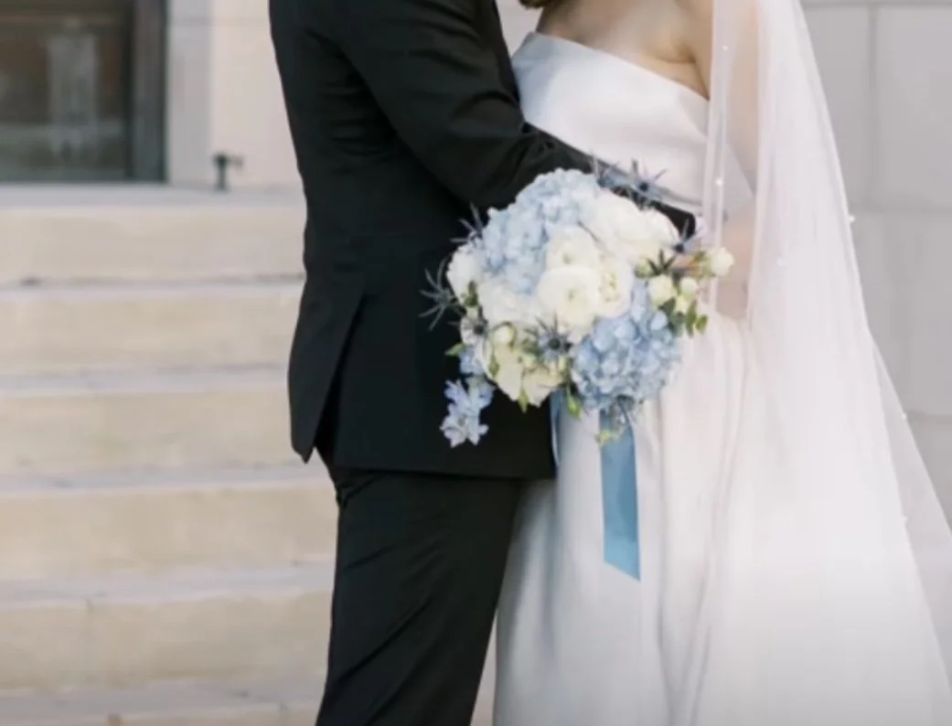 Close-up of a bride and groom standing together.