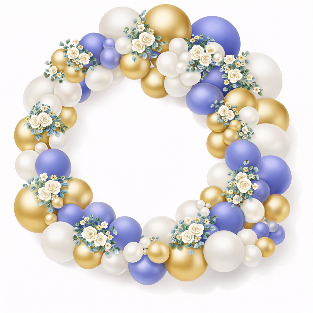 Decorative balloon wreath with gold, black, and white balloons, adorned with flowers and butterflies, surrounding a circle with the text 'Globes de Menorca'.