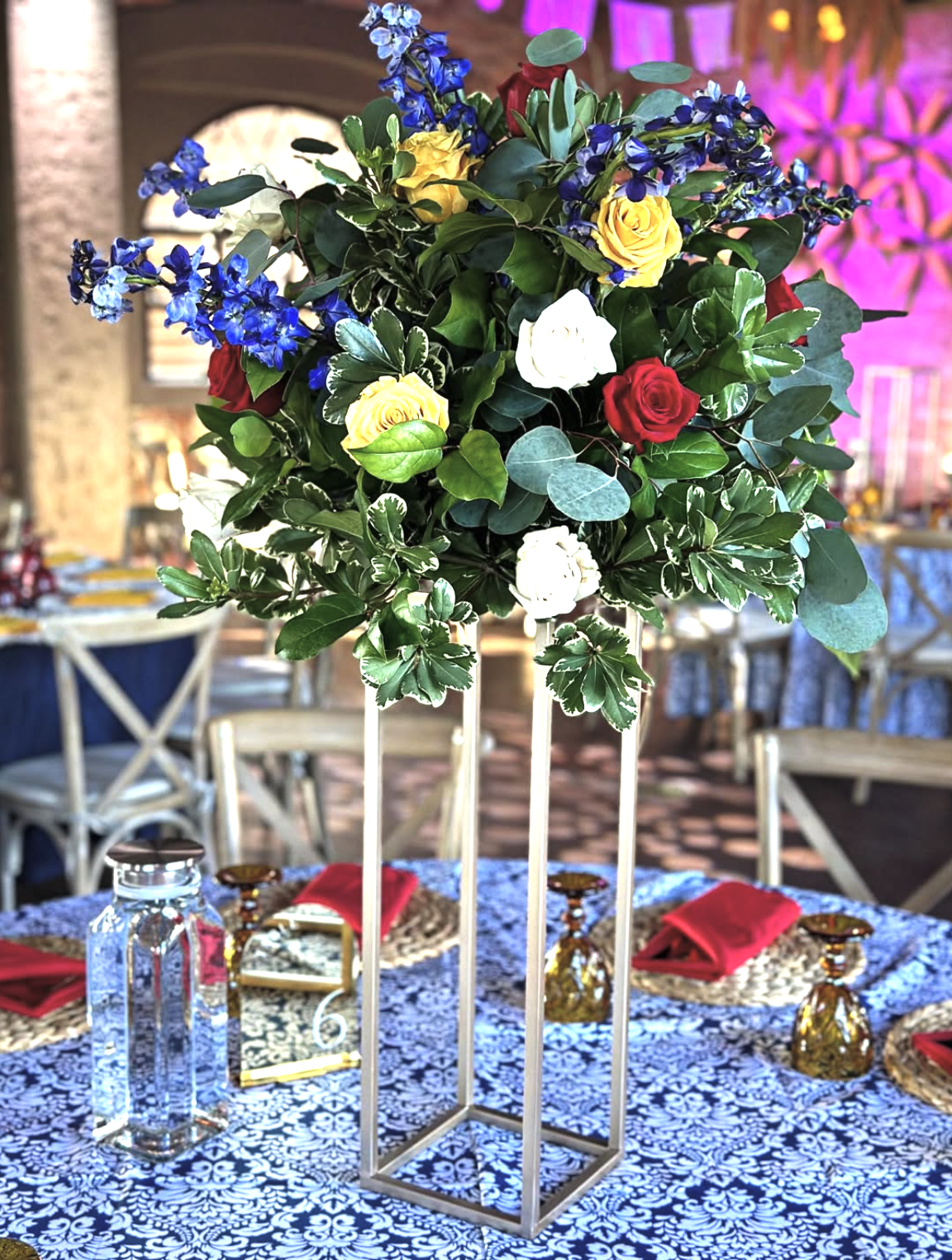 Center piece highlighting multiple color roses.