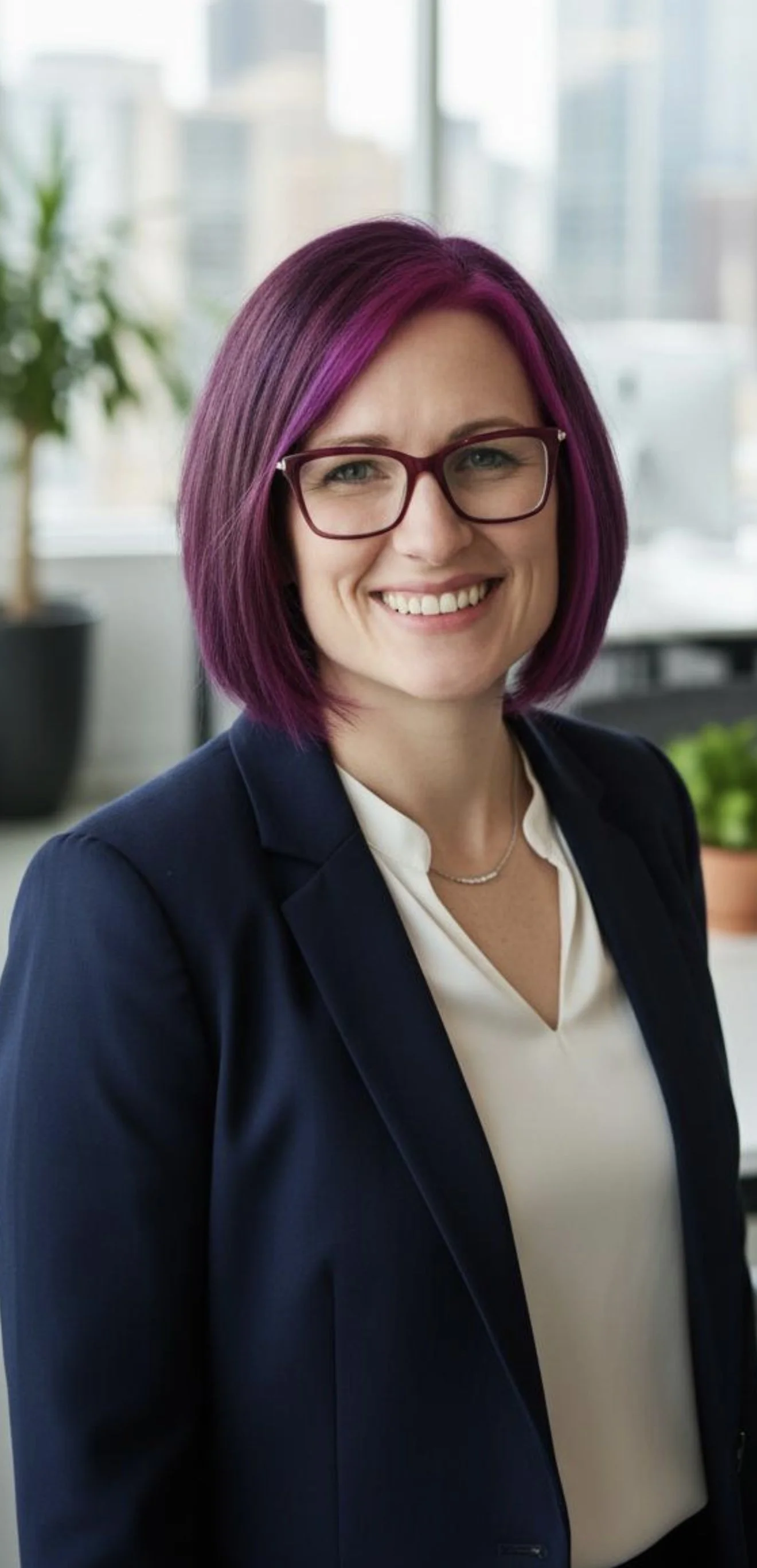 A woman with short, blonde hair with purple edges, smiling, wearing a black top, a small gold necklace, and a nose ring, standing against a plain white wall.