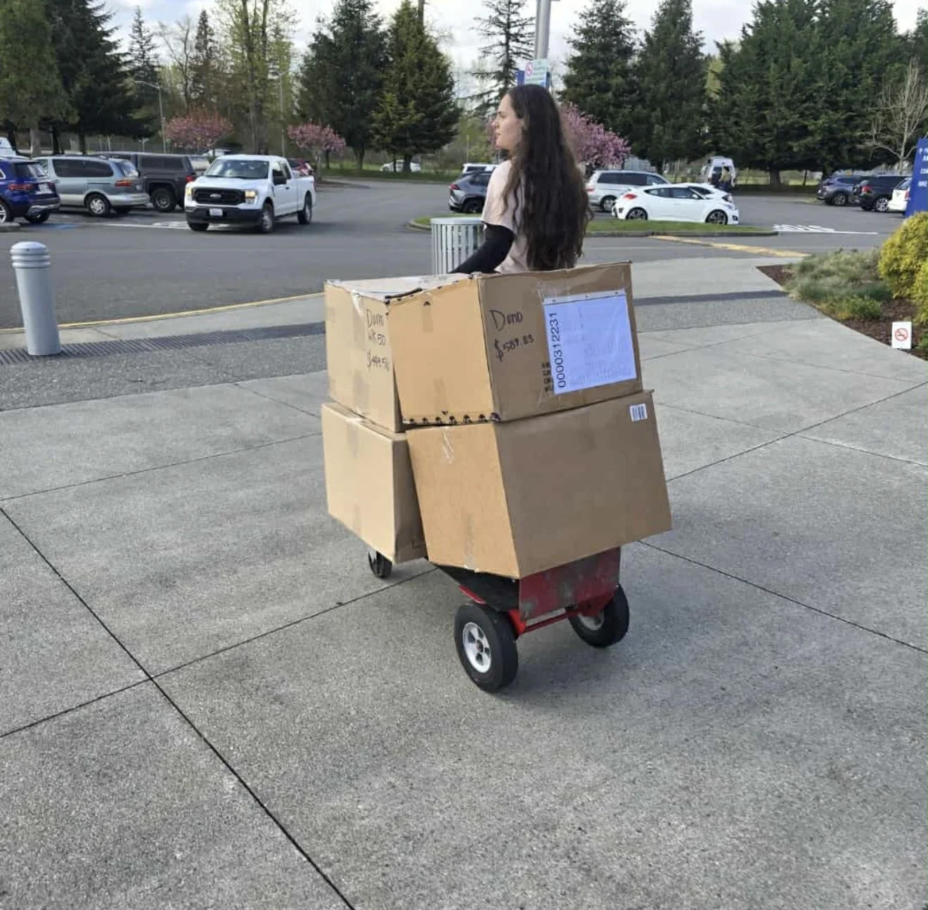 A woman with long dark hair walking outside pulling a red wagon loaded with large cardboard boxes.