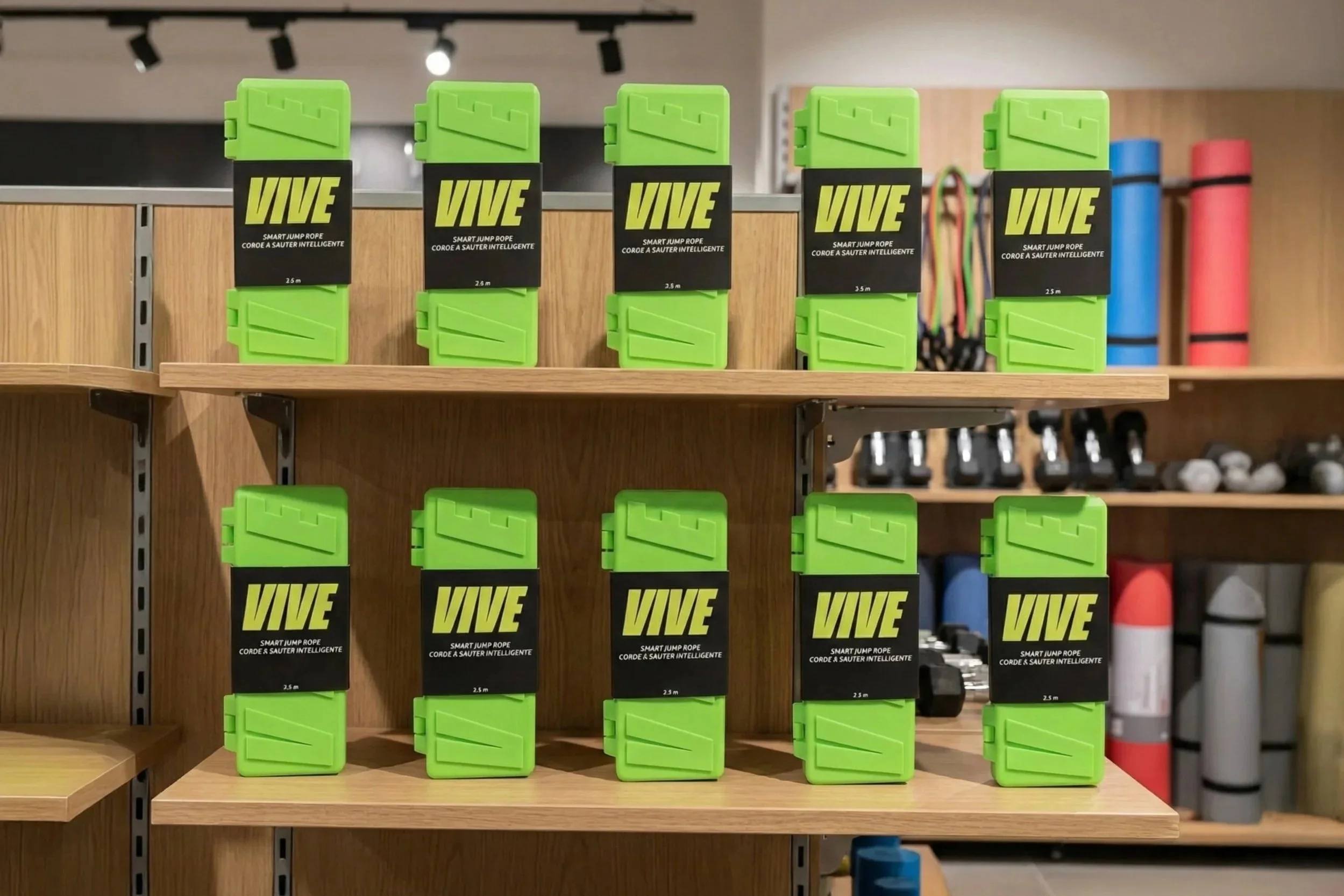 AI mockup of VIVE smart jump rope packaging displayed on shelves in a sporting goods store, created by Kieren Dial.