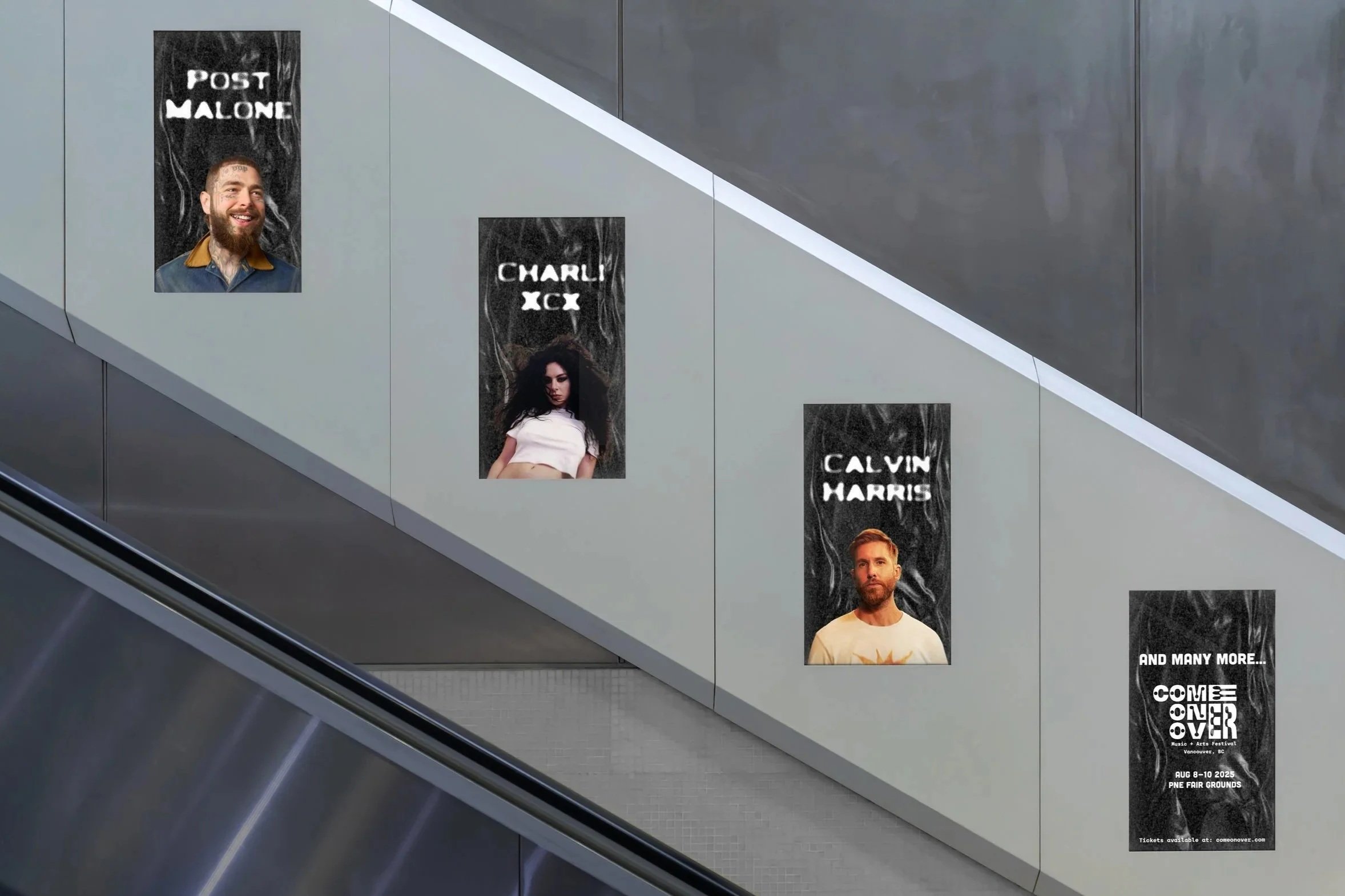 Four-panel transit advertising installation featuring recognizable music artists Post Malone, Charli XCX, and Calvin Harris promoting the Come Over Music & Arts Festival, created as a festival marketing concept by Kieren Dial.