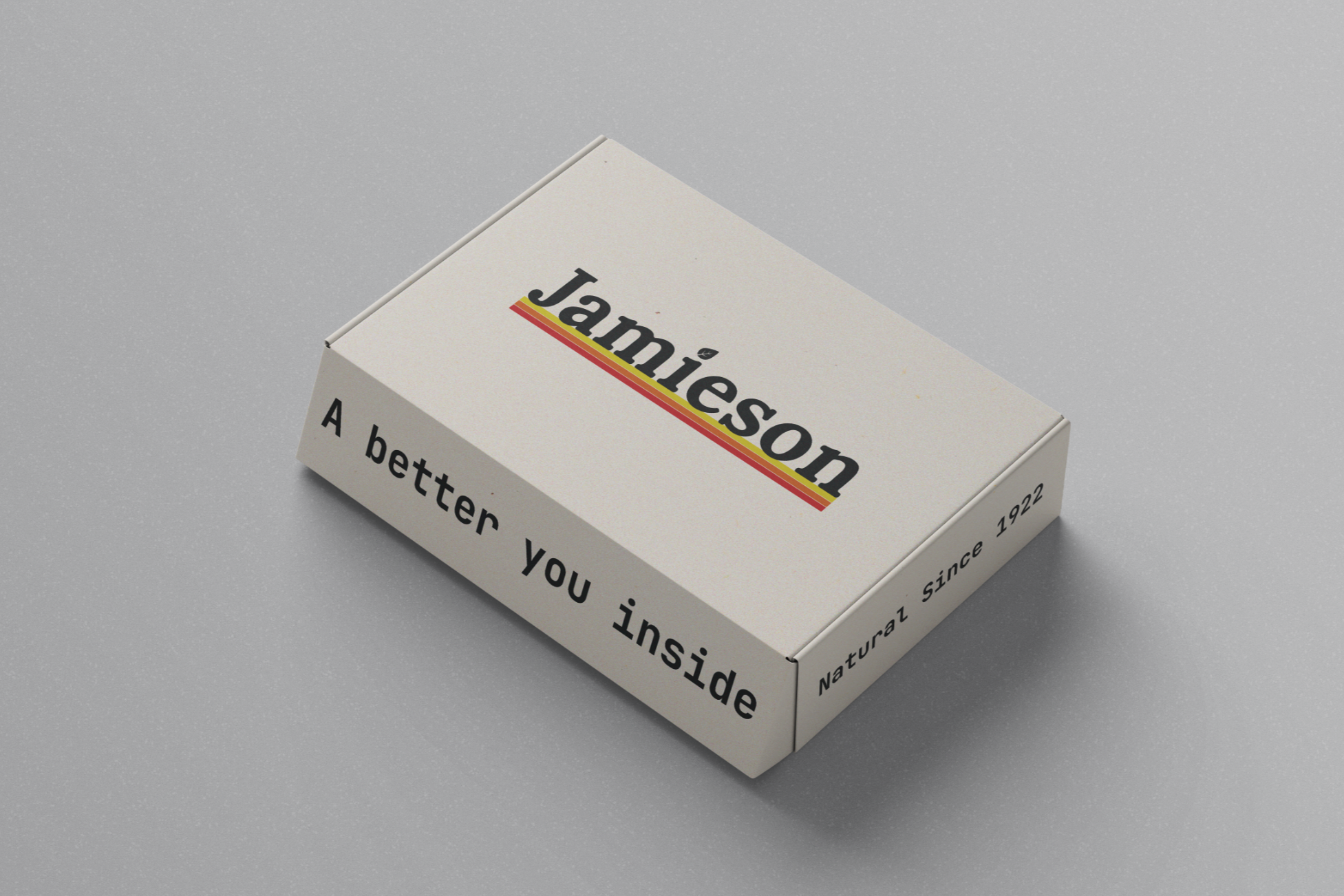 Jamieson branded packaging box showcasing the new design system for affordable everyday wellness, created by Kieren Dial.