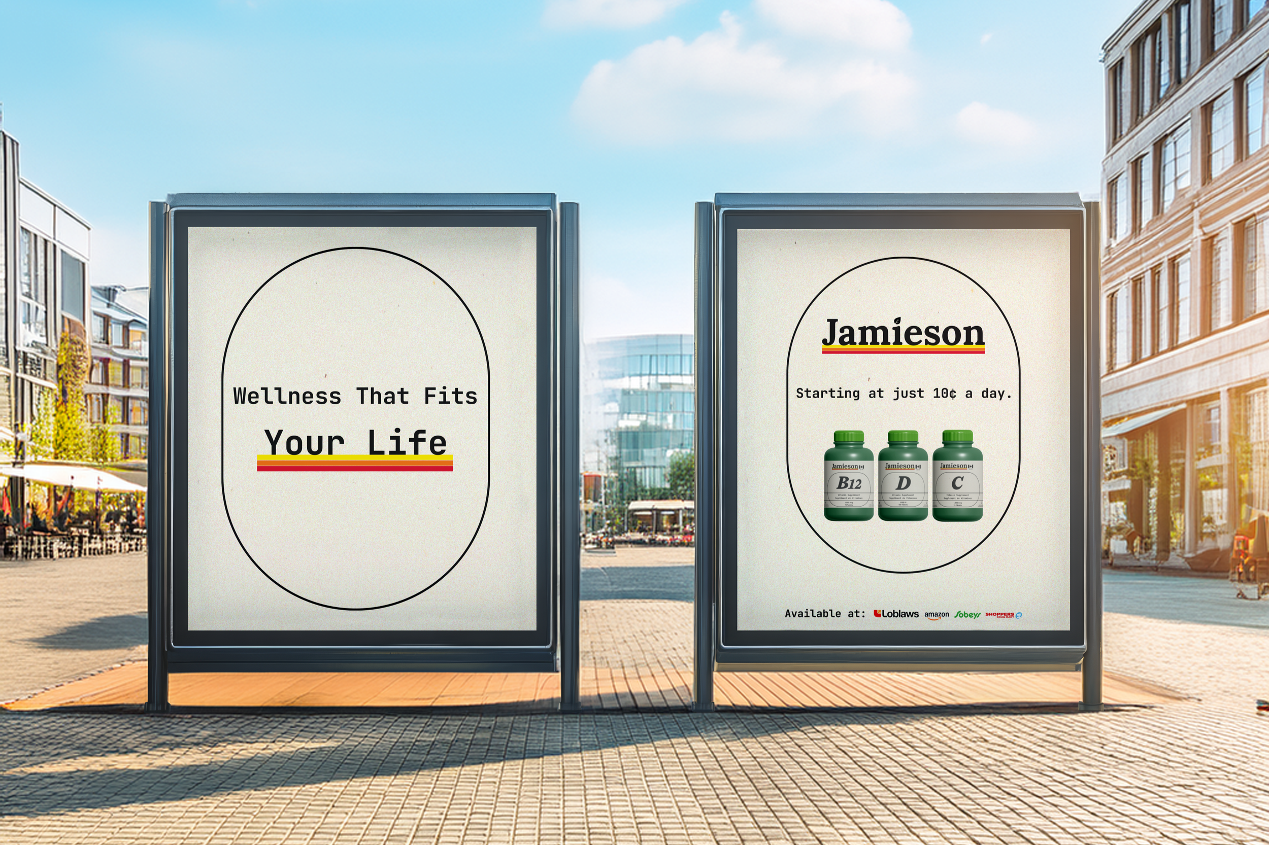Jamieson outdoor street ads showcasing redesigned vitamin packaging and affordable everyday wellness, part of a brand repositioning by Kieren Dial.