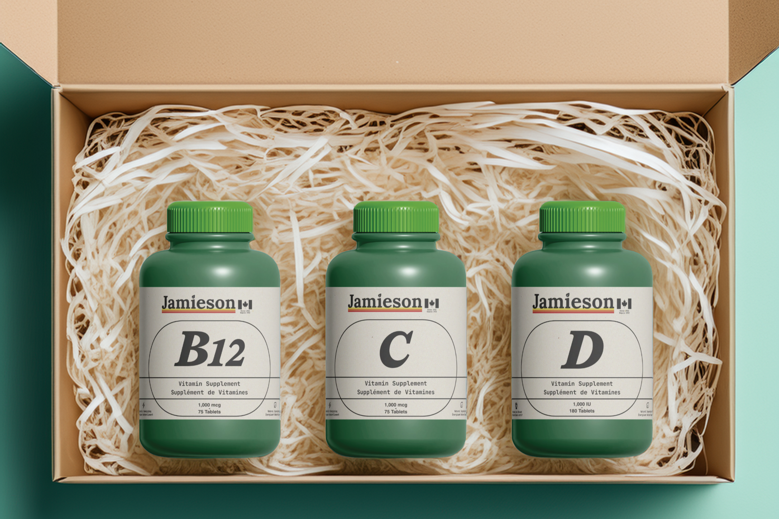 Jamieson vitamin supplements in premium packaging arranged in a curated gift box, featuring Vitamin B12, C, and D, created by Kieren Dial.