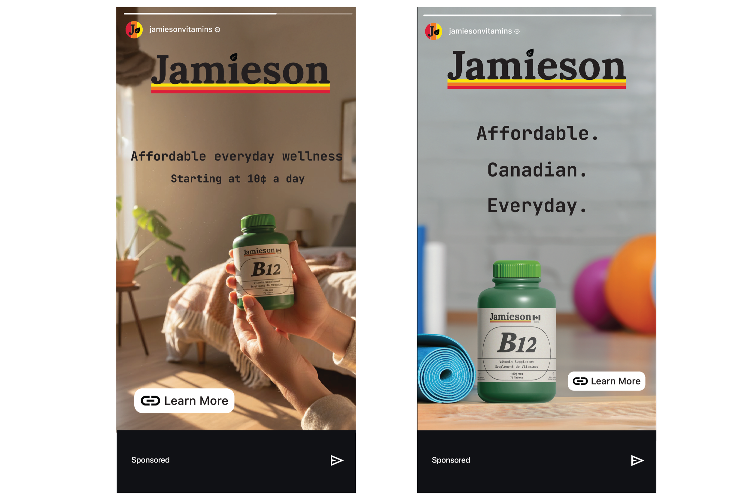Instagram ad concepts for Jamieson Vitamin B12 featuring modern lifestyle visuals and updated messaging, created by Kieren Dial.