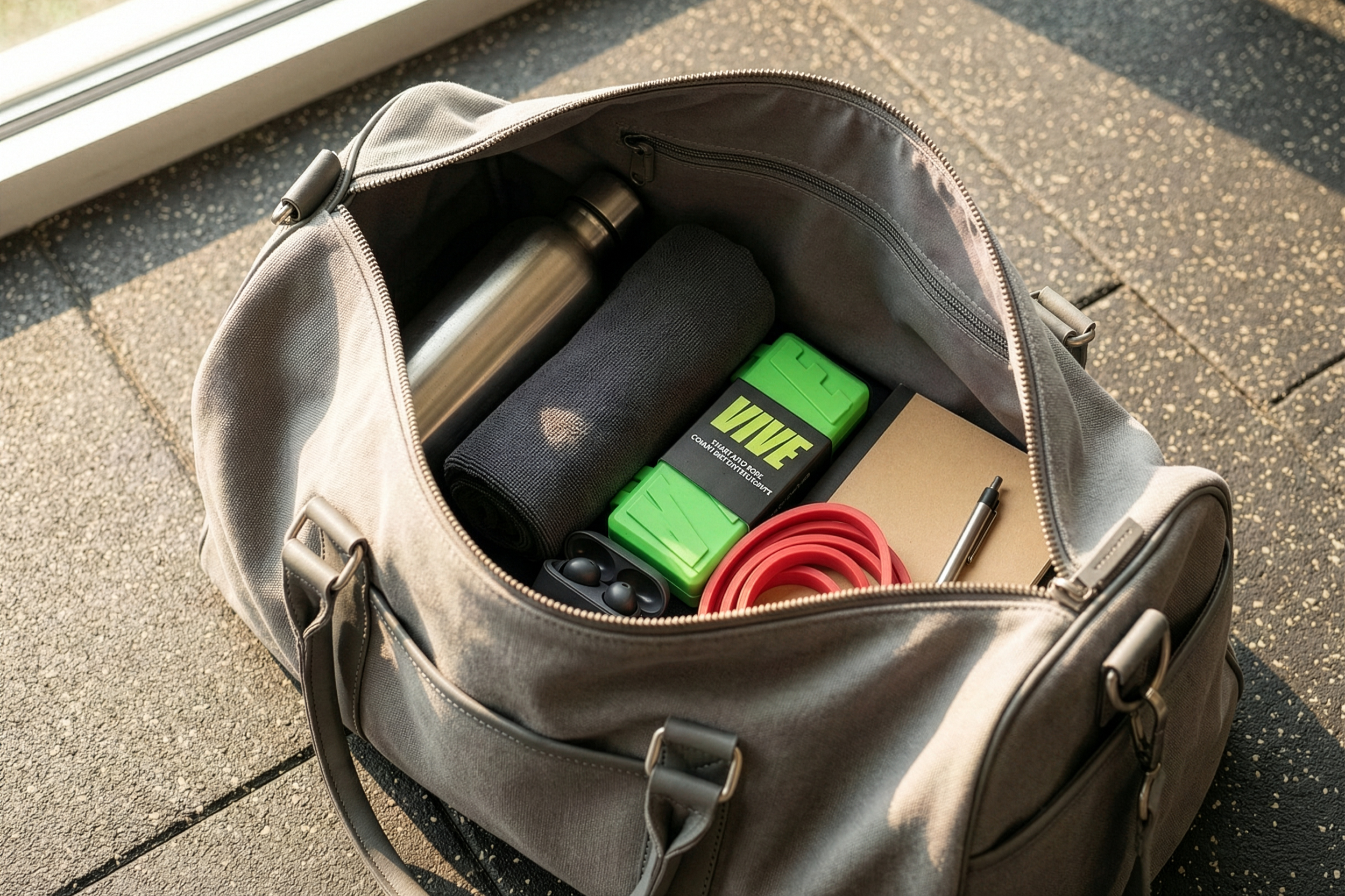VIVE smart jump rope packe inside a gym bag alongside everyday workout essentials, illustrating portable fitness for daily routines, created by Kieren Dial.