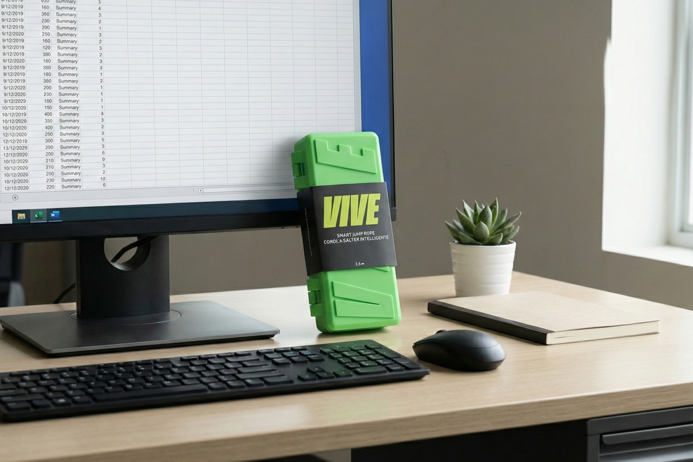 VIVE smart jump rope shown in an office setting, illustrating a concept for integrating portable fitness into everyday work life, created by Kieren Dial.