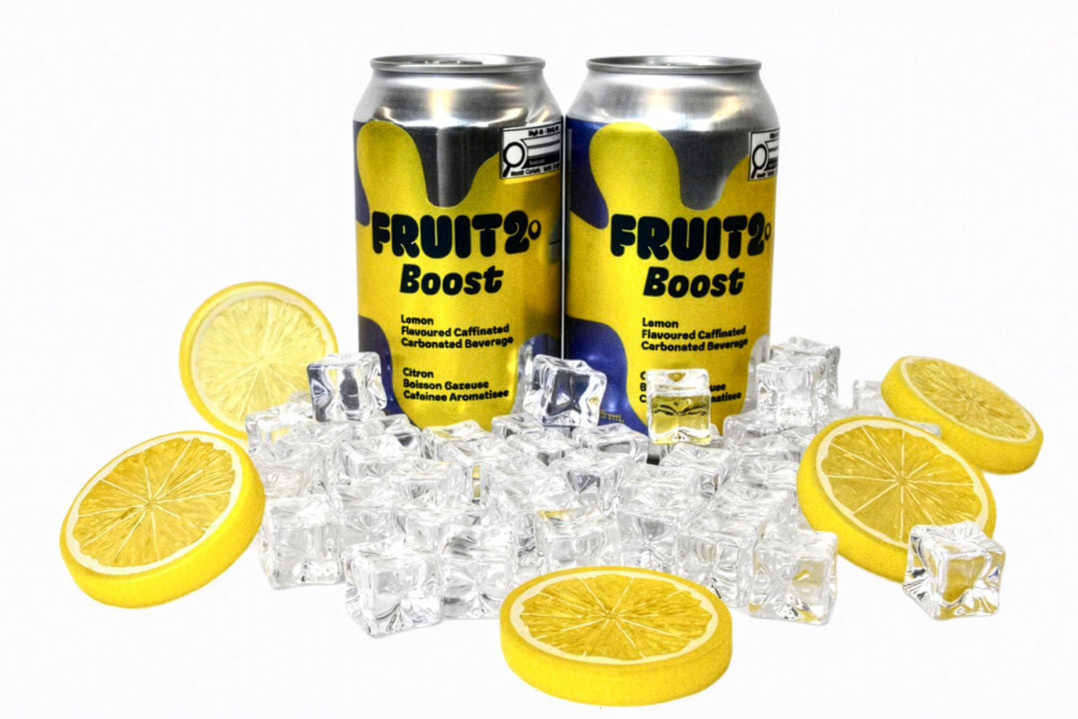 Fruit2o Boost lemon flavoured caffeinated sparkling beverage cans displayed on ice with fresh lemon slices, showcasing the refreshed packaging and product appeal.