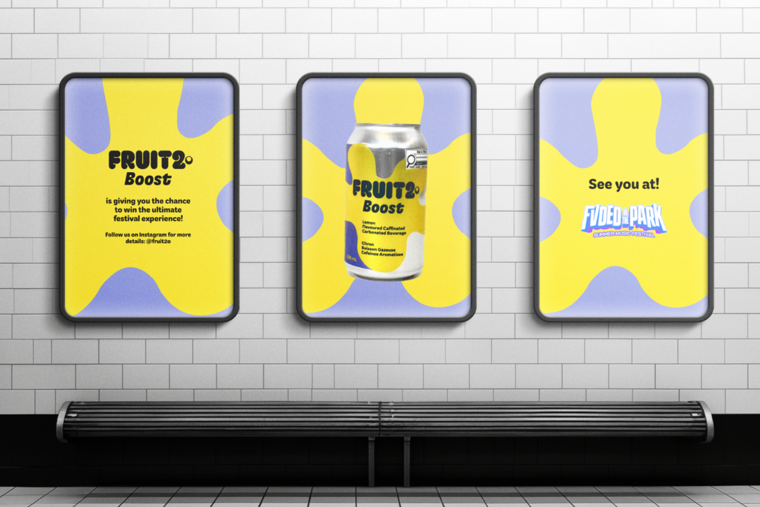 Fruit2o Boost transit ads promoting a festival activation, displayed on the way to a summer music festival, created by Kieren Dial.
