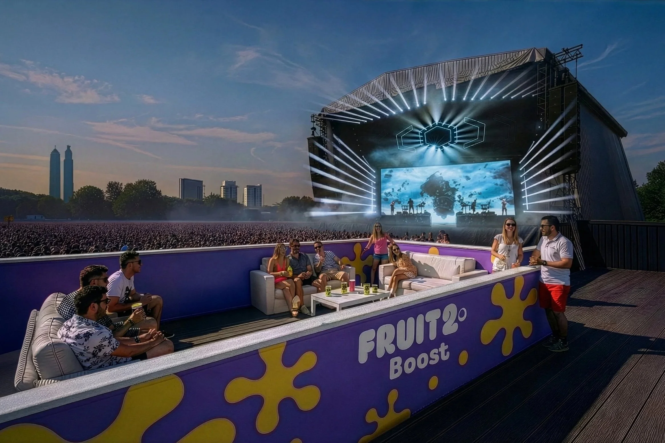 AI concept image of the Fruit2o Boost VIP deck at a music festival, showcasing branded lounge seating and stage views, created by Kieren Dial.