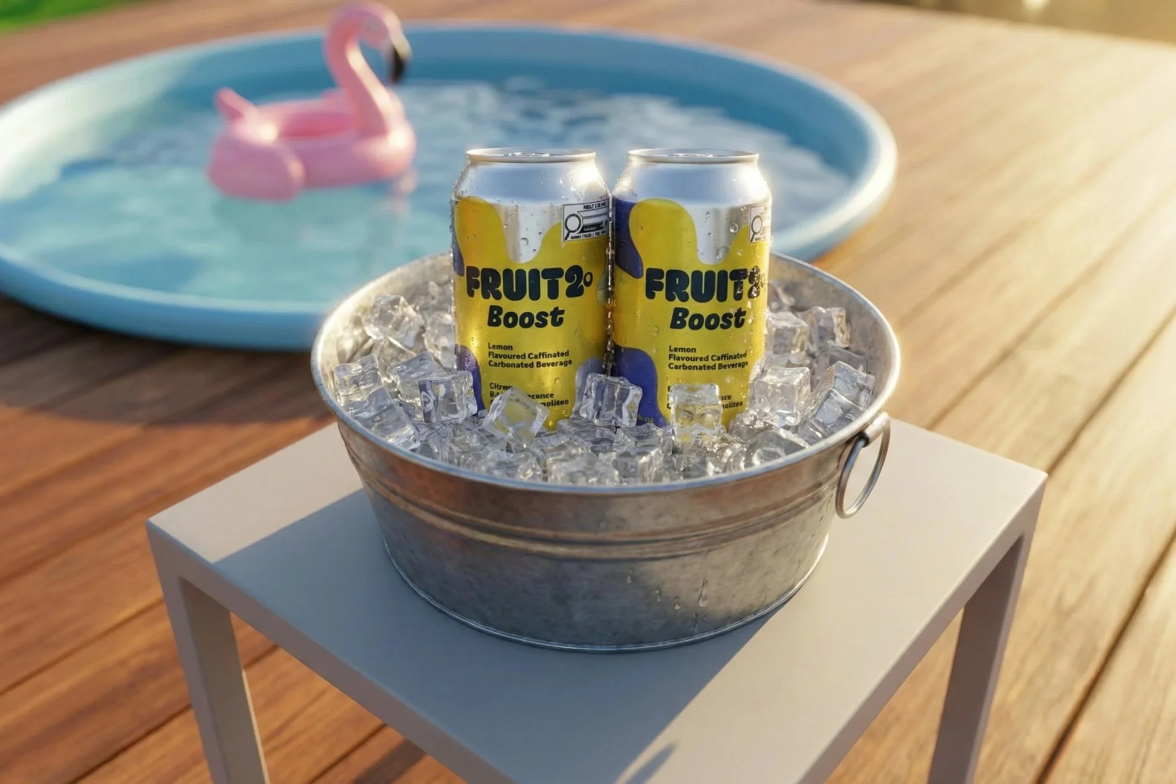 Fruit2o Boost cans chilled in an ice filled metal basin beside a pool, showcasing the rebranded beverage in a summer lifestyle setting, created by Kieren Dial.