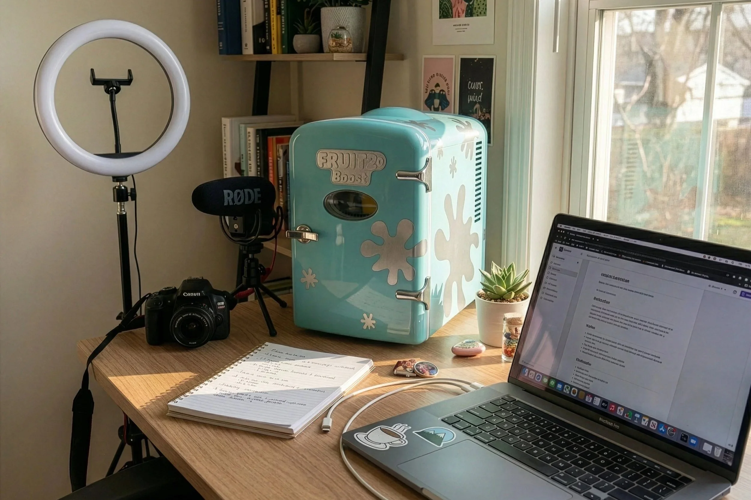 Fruit2o Boost branded mini fridge placed in a home creator workspace, showcasing the PR package integrated into everyday content creation, created by Kieren Dial.
