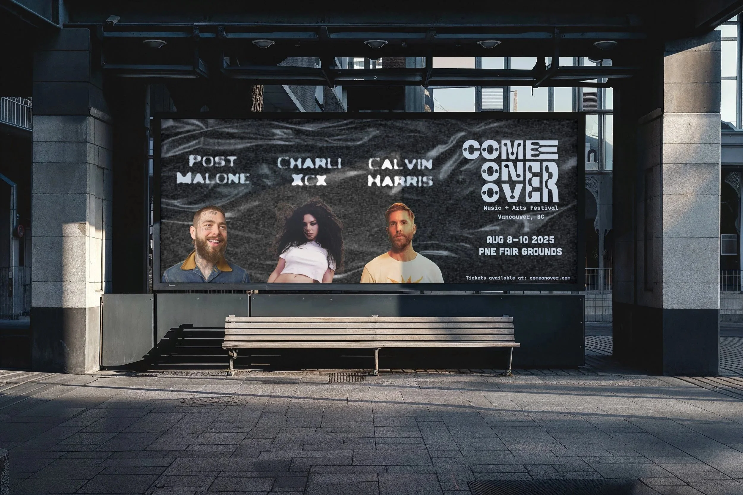 Transit shelter advertisement promoting the Come Over music and arts festival, featuring headline artists and large scale outdoor advertising design by Kieren Dial.