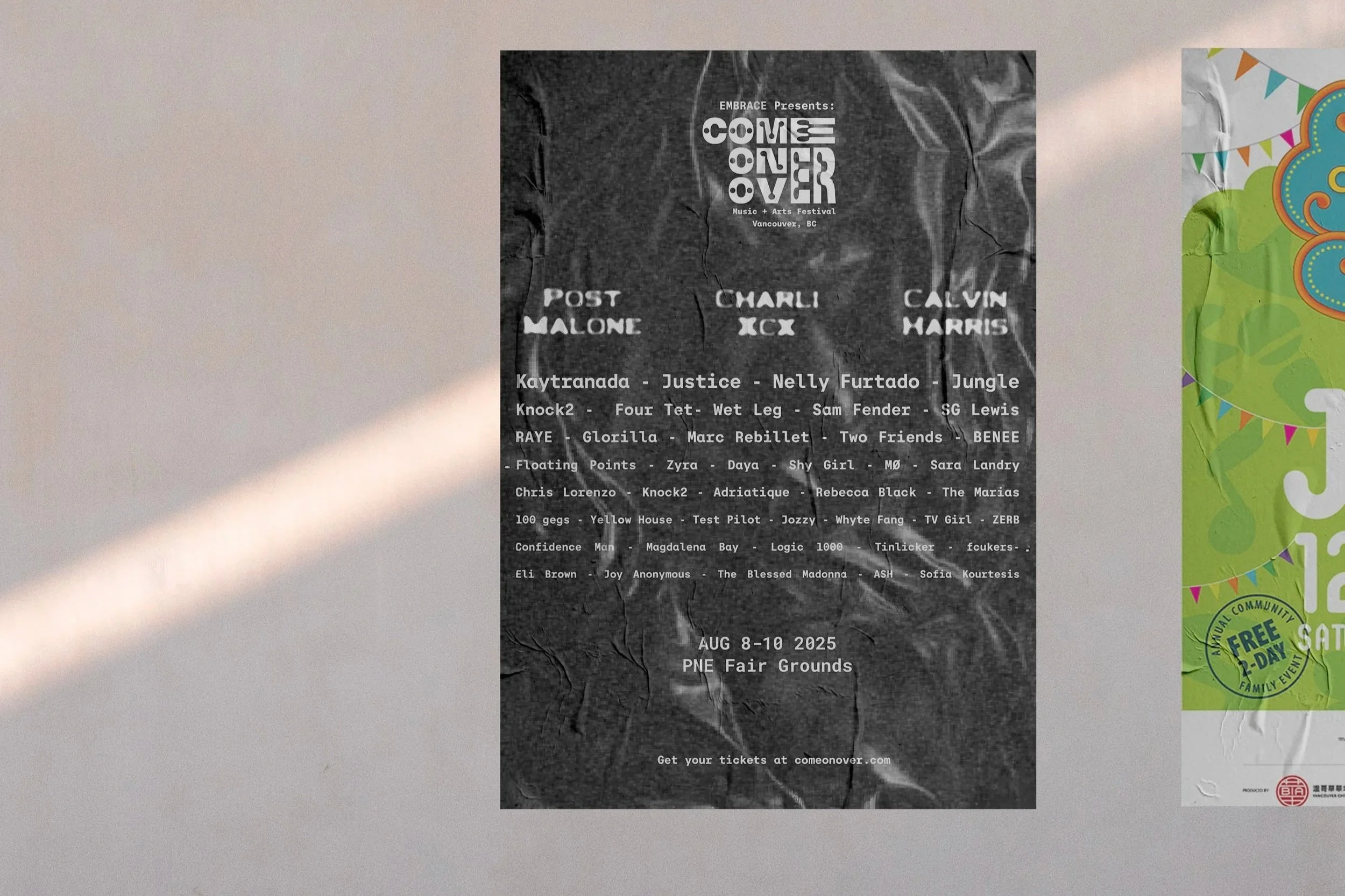 Official lineup poster for the Come Over music and arts festival, featuring headliners and full artist roster, designed as part of a large-scale festival branding system by Kieren Dial.