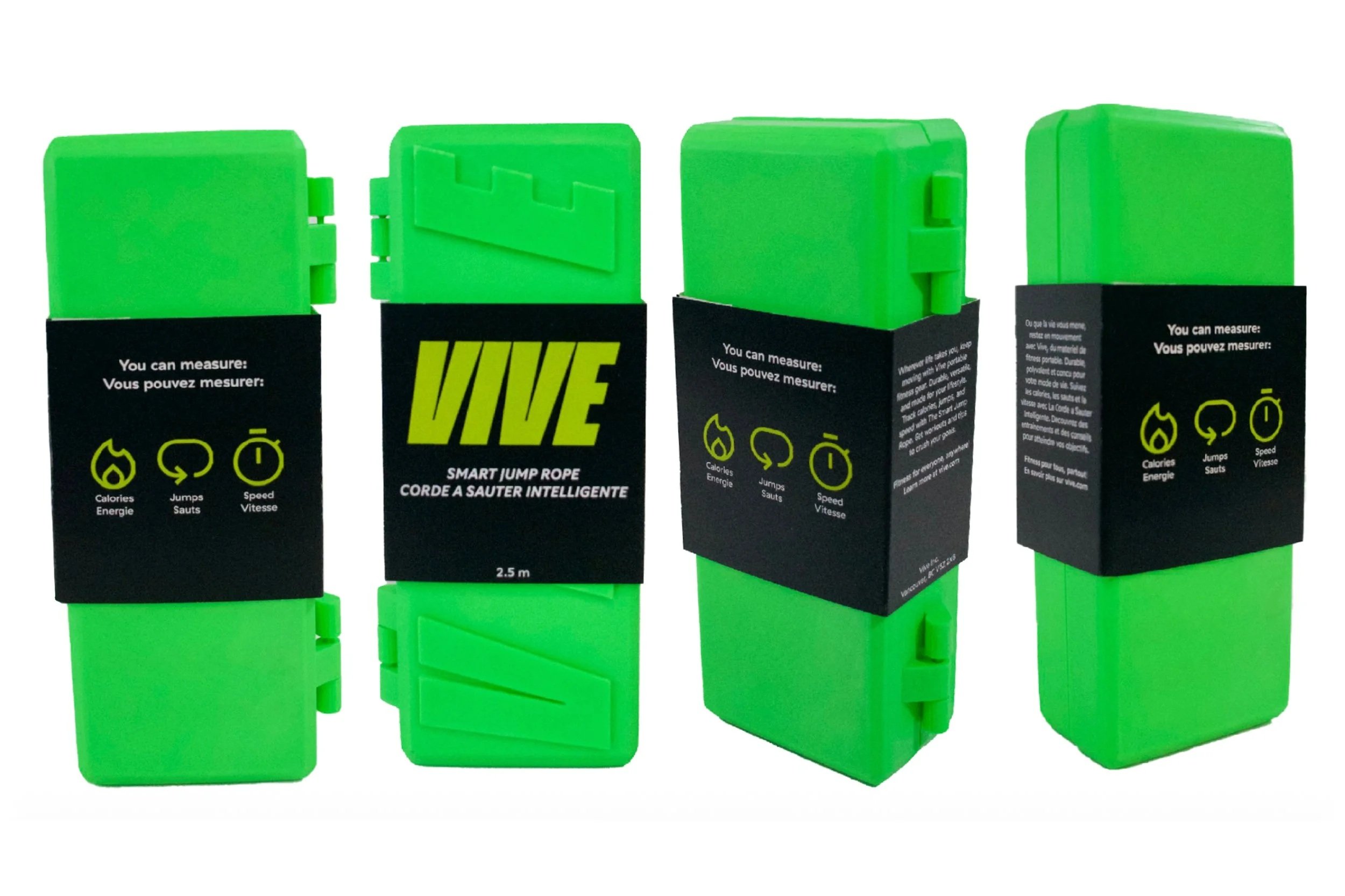 VIVE smart jump rope shown from multiple angles, showcasing the final product design and packaging system, created by Kieren Dial.