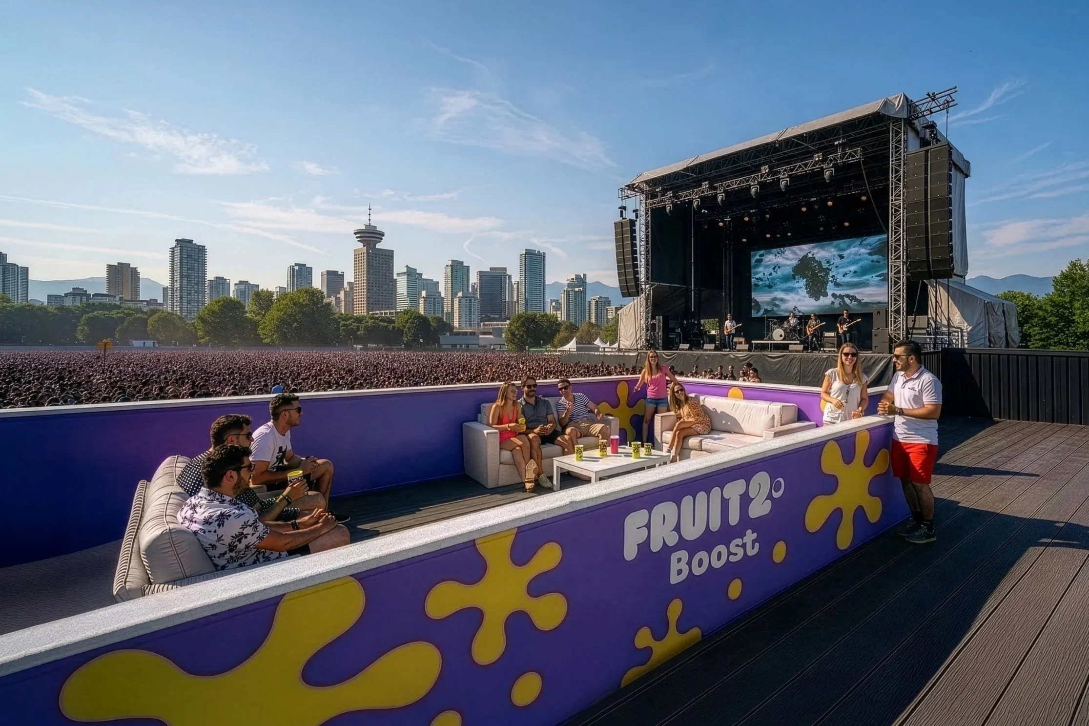 Fruit2O Boost, Fruit2O festival activation, Fruit2O VIP lounge, branded festival lounge, music festival brand activation, experiential marketing, festival sponsorship, VIP festival experience, beverage brand activation, outdoor concert lounge
