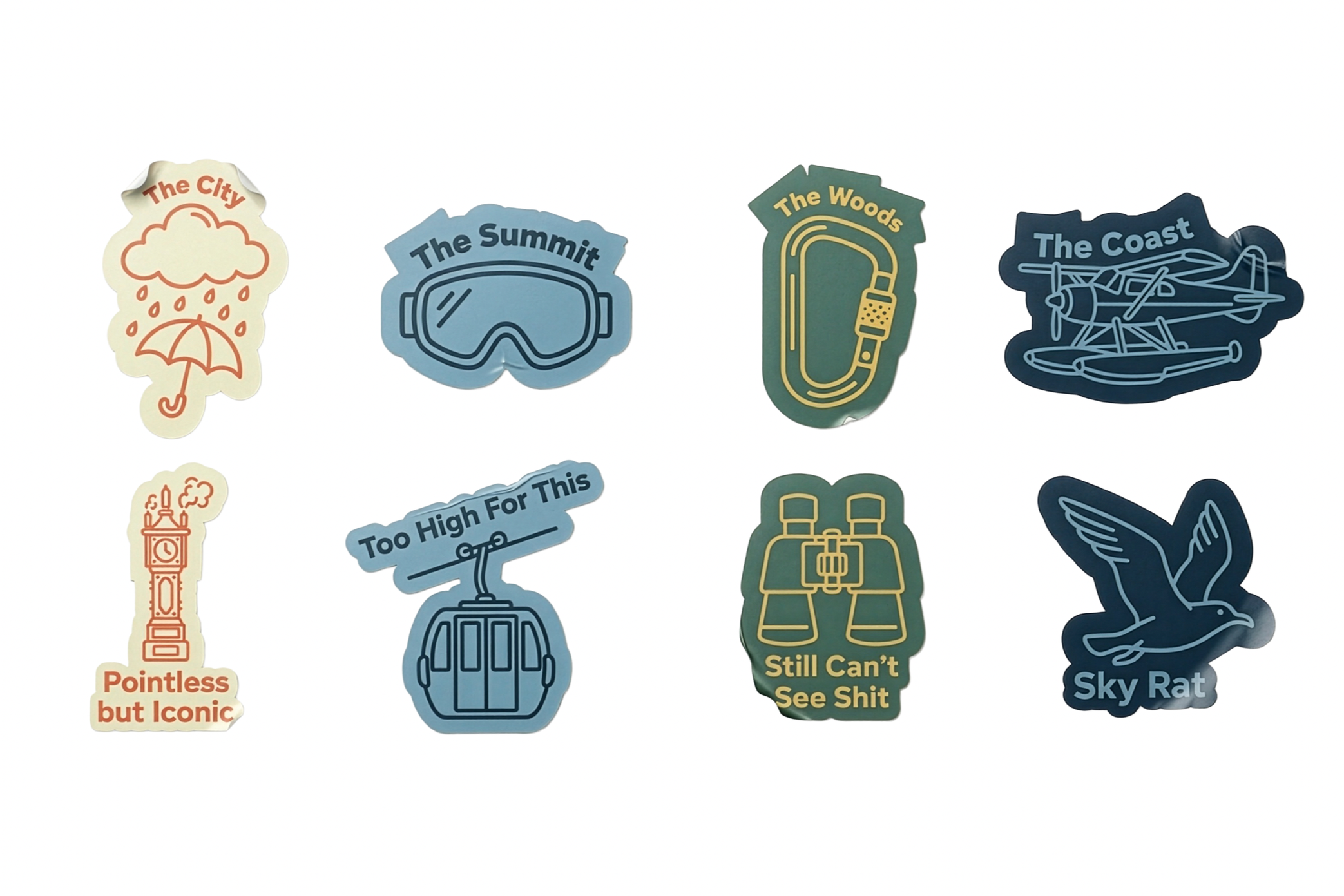 Range festival collectible sticker set featuring the four themed worlds: The Woods, The City, The Summit, and The Coast, designed by Kieren Dial
