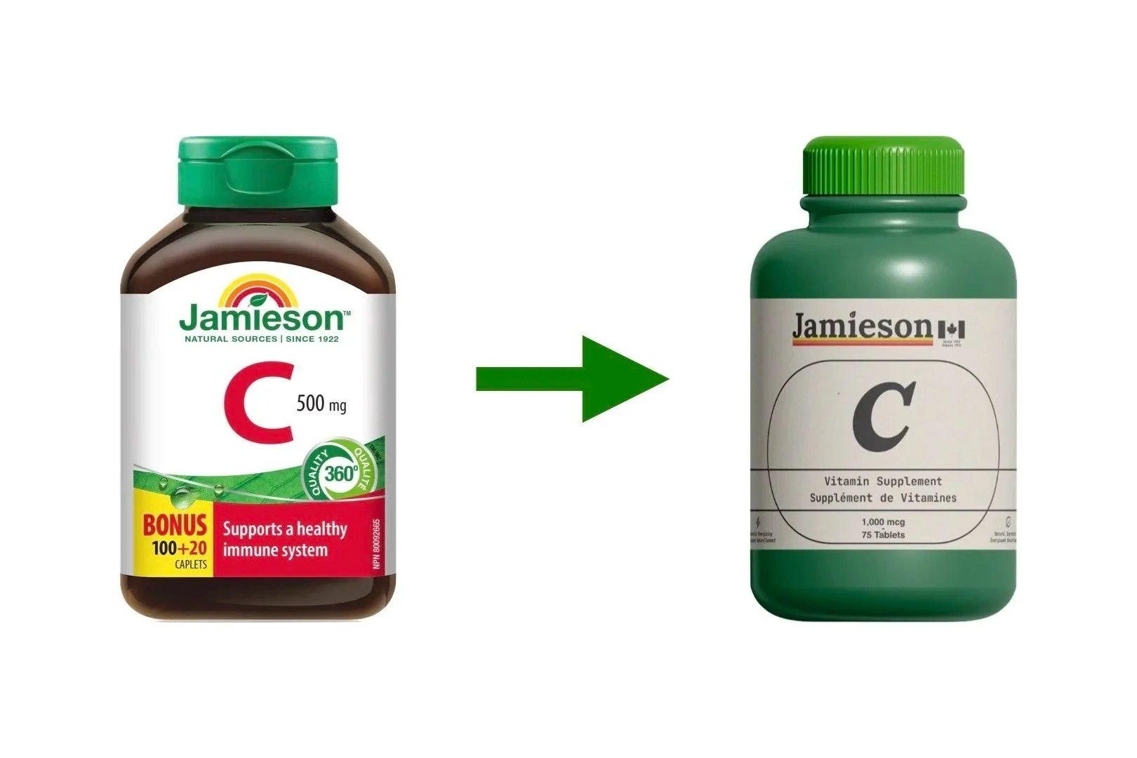 Before and after comparison of Jamieson Vitamin C packaging, showing the shift from traditional labeling to new premium packaging, created by Kieren Dial.
