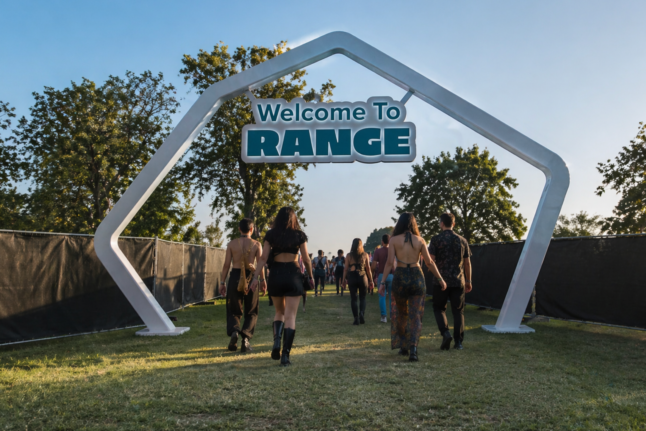 Range Music and Arts Festival branded entrance gate concept with four-world identity system, environmental design by Kieren Dial