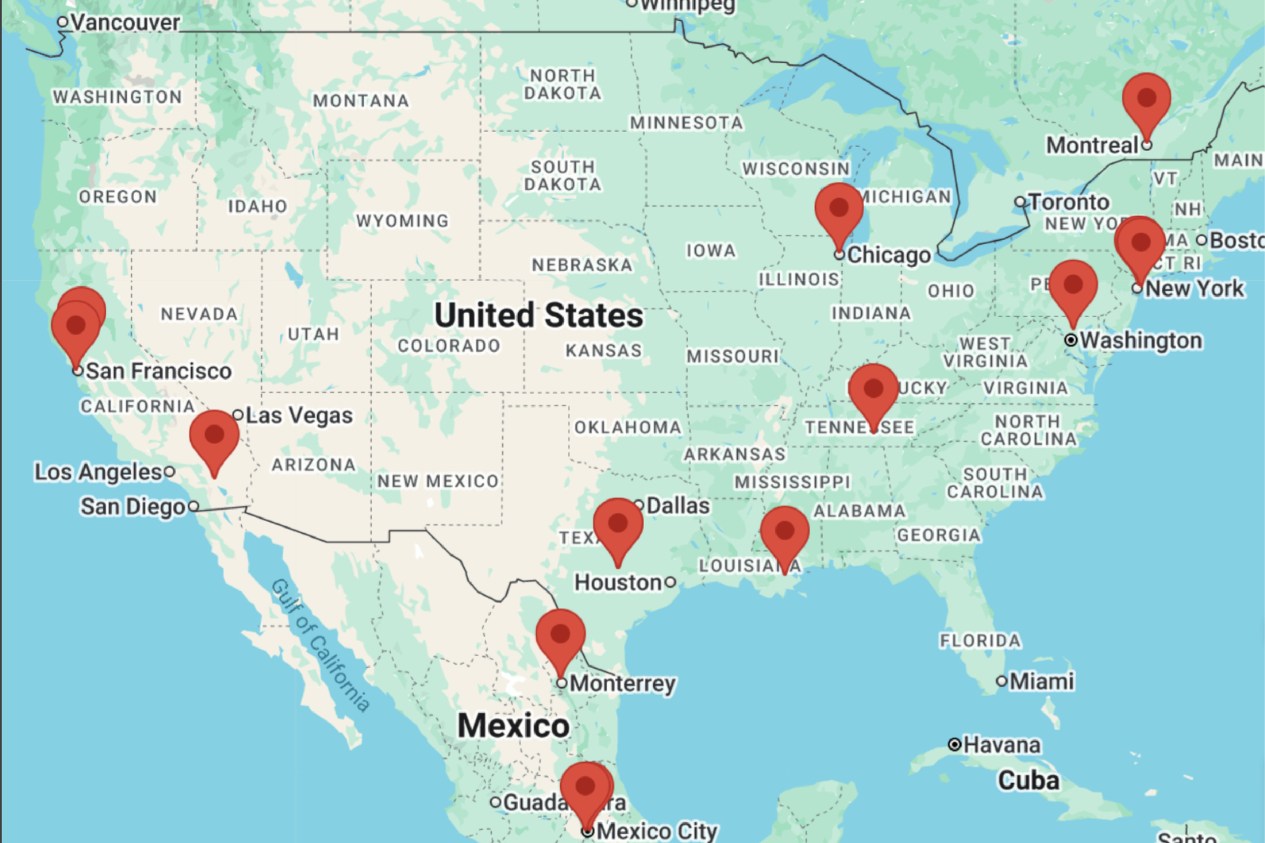 Map highlighting major multi-genre music festivals across North America, including key locations in the United States, Canada, and Mexico, created as part of festival research and strategy work by Kieren Dial.