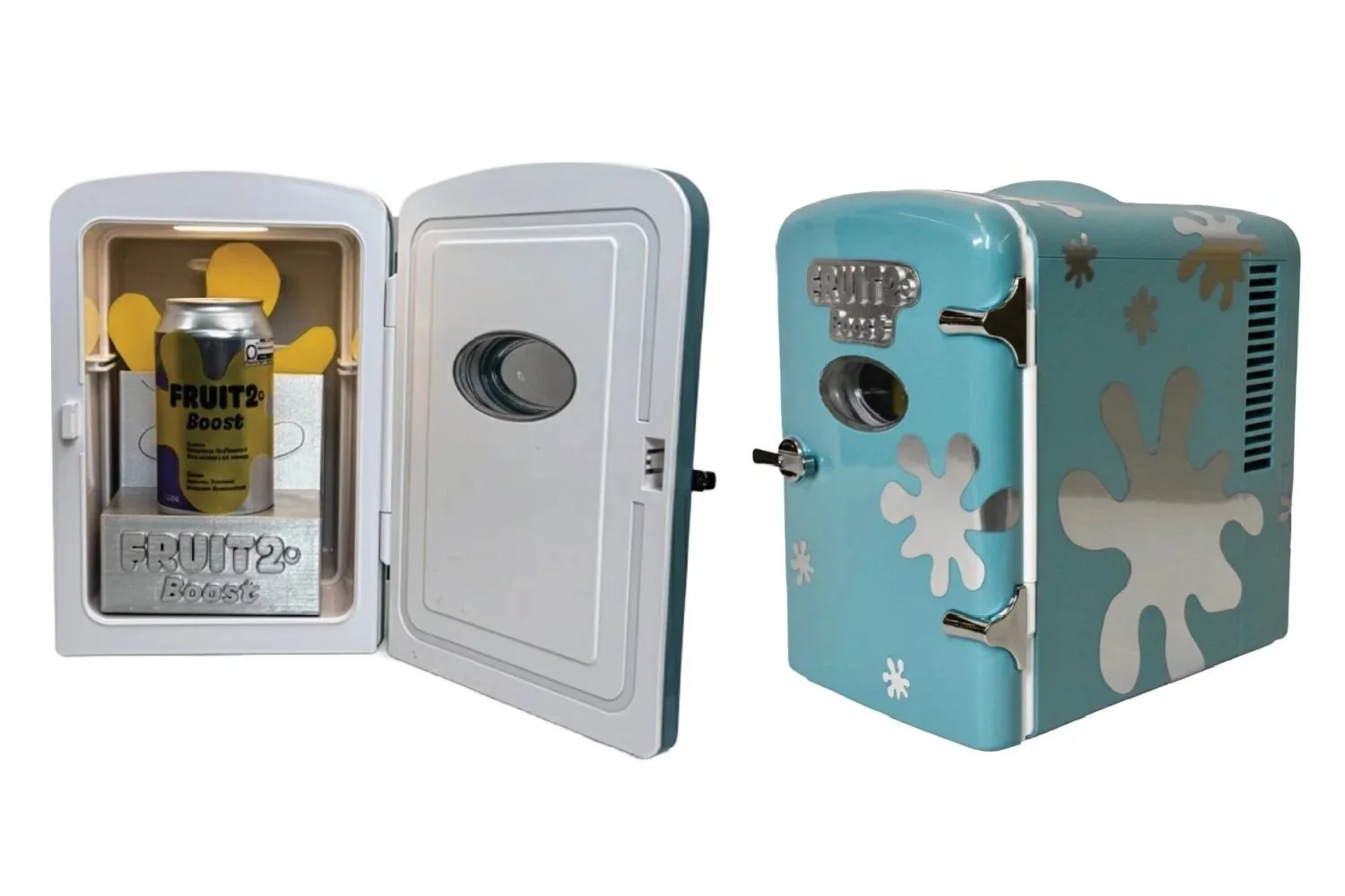 Fruit2o Boost branded mini fridge PR package featuring a canned beverage inside a custom designed cooler, created by Kieren Dial.