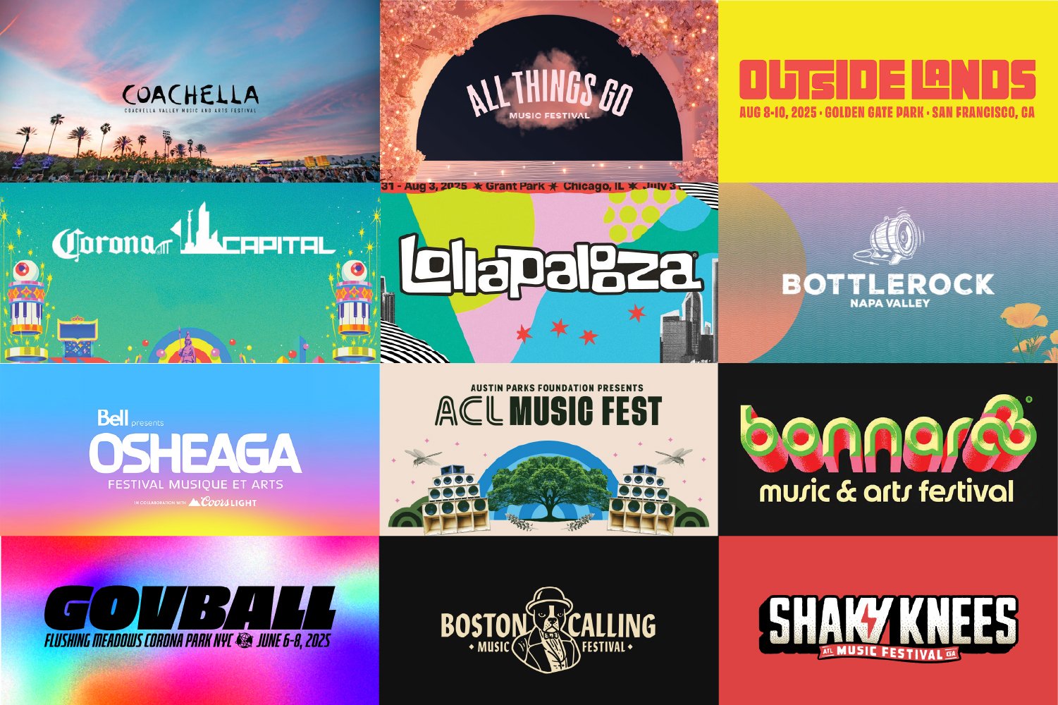 Collage of major North American multi-genre music festivals including Coachella, Lollapalooza, Bonnaroo, Osheaga, ACL, Outside Lands, and Gov Ball, used for festival landscape research by Kieren Dial.