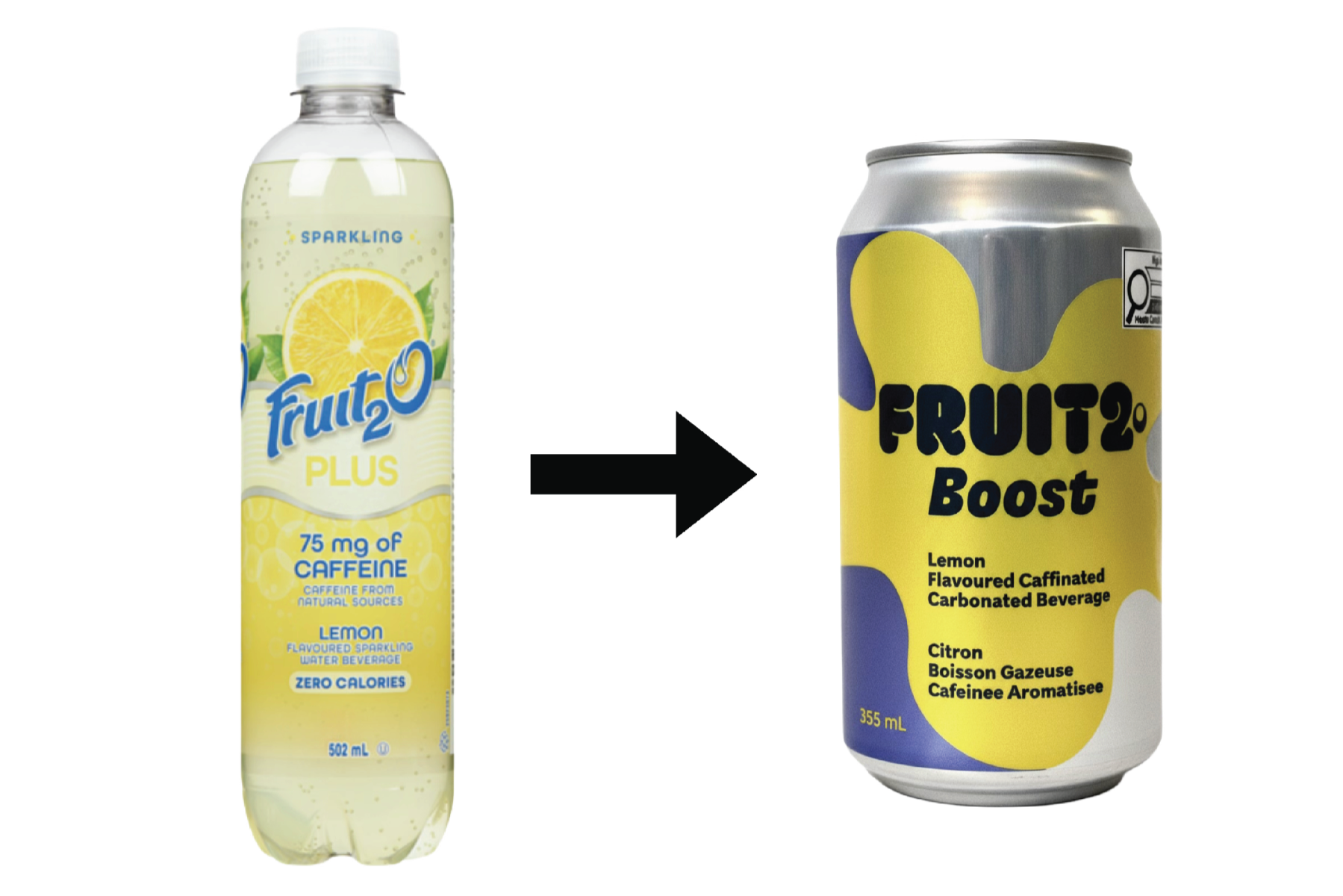 Fruit2o Plus to Fruit2o Boost rebrand showing before and after packaging, transitioning from plastic bottle to aluminum can, created by Kieren Dial.