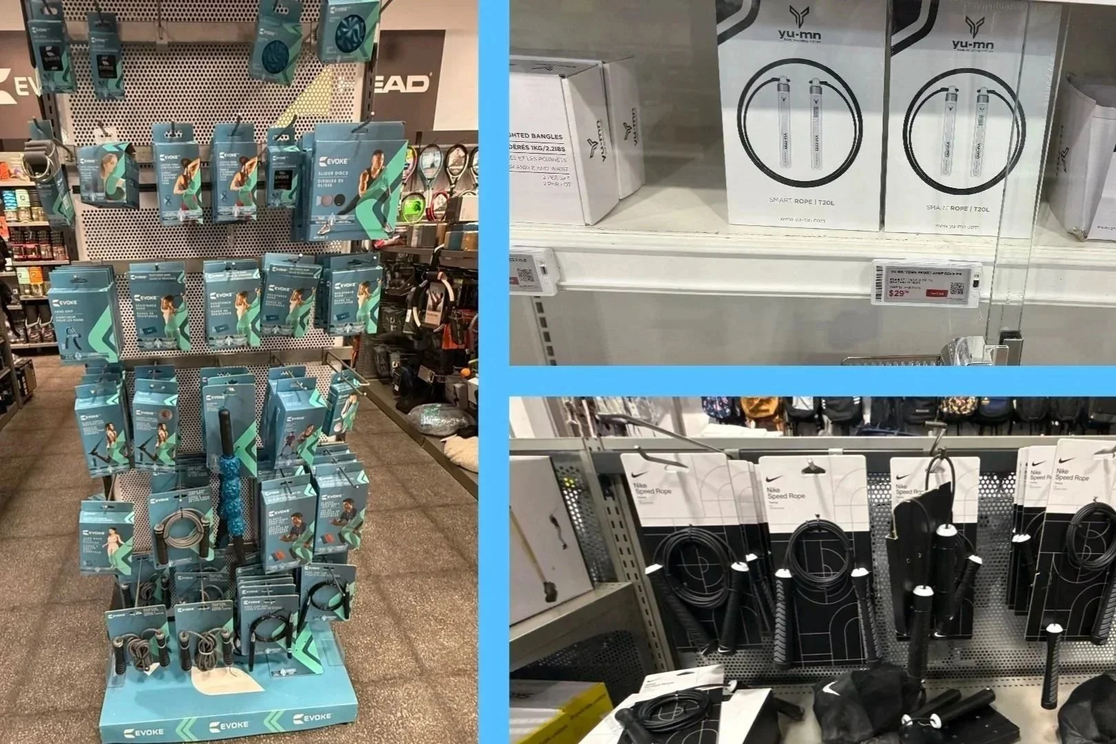 Retail research showing portable fitness equipment displays and competitive packaging in sporting goods stores, created by Kieren Dial.