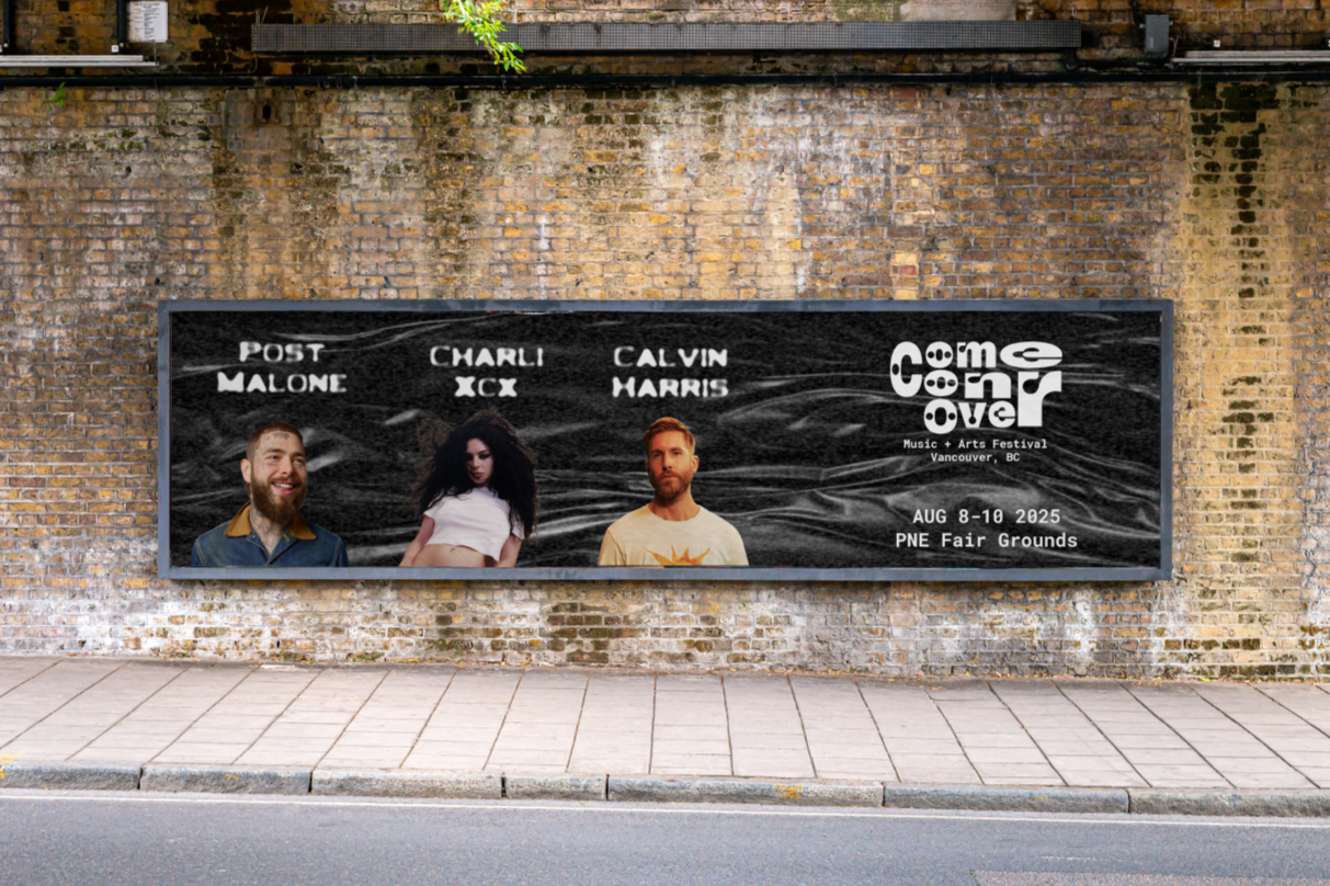 Outdoor street billboard mockup promoting Come Over Music + Arts Festival featuring Post Malone, Charli XCX, and Calvin Harris, part of a festival branding and advertising design exploration by Kieren Dial.