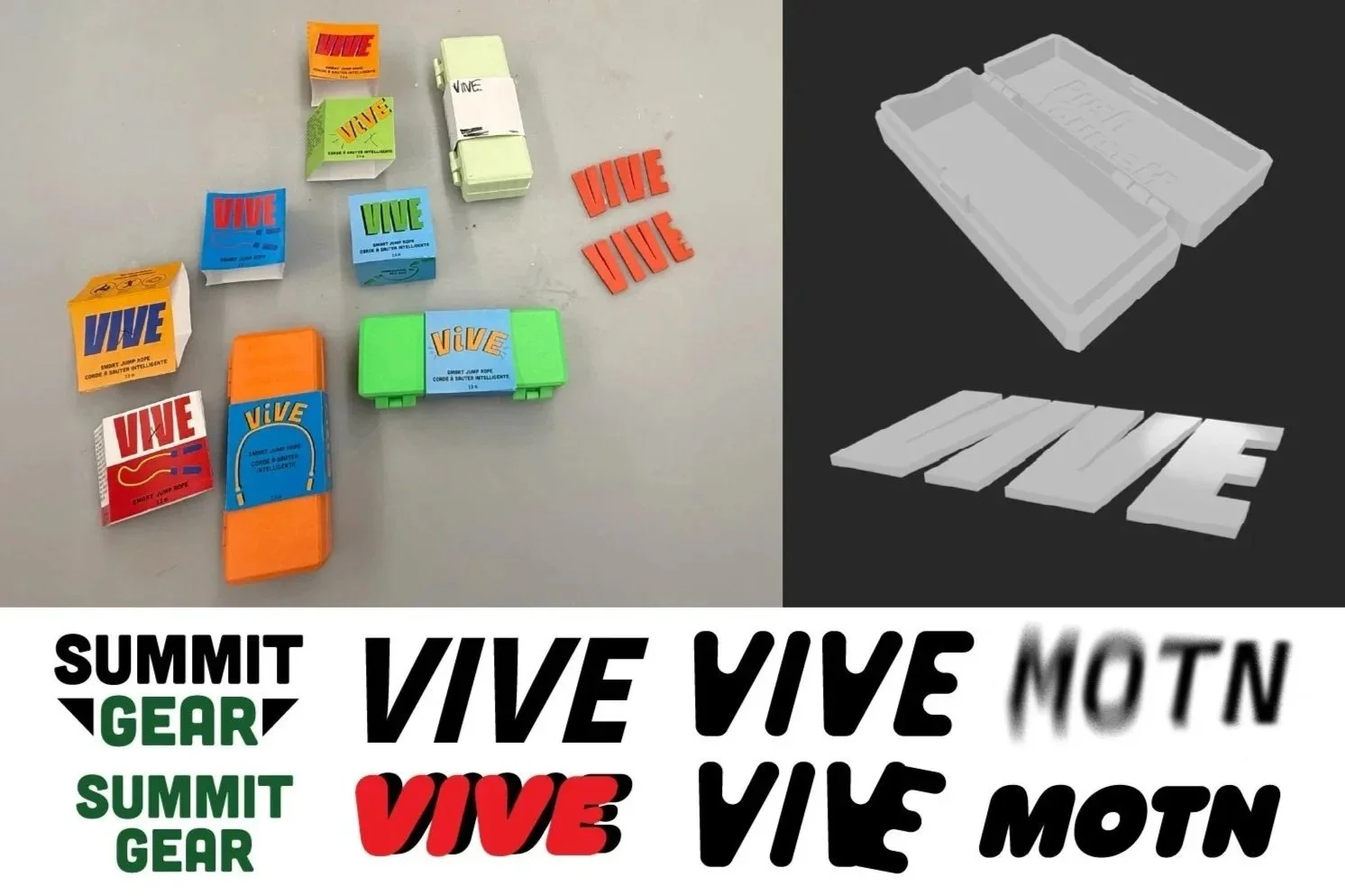 VIVE portable fitness equipment design exploration featuring 3D model development, physical mockups, and name and logo iterations, created by Kieren Dial.