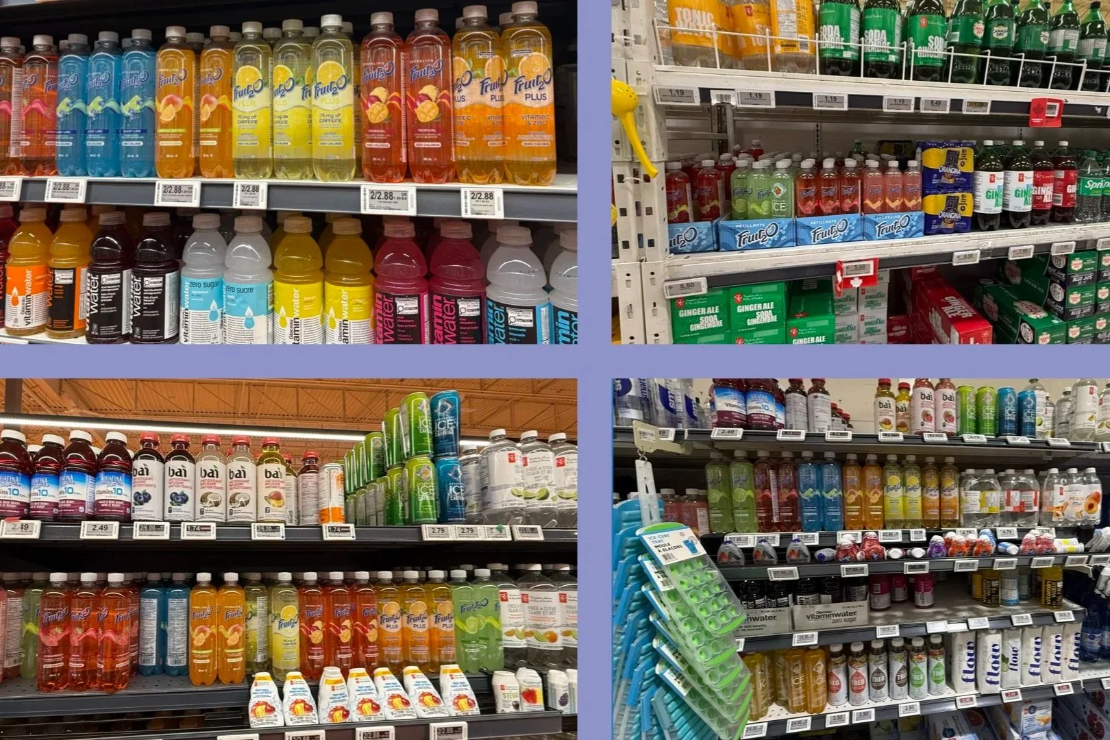 Retail research images showing Fruit2o shelf presence among flavored water and functional beverage brands, created by Kieren Dial.