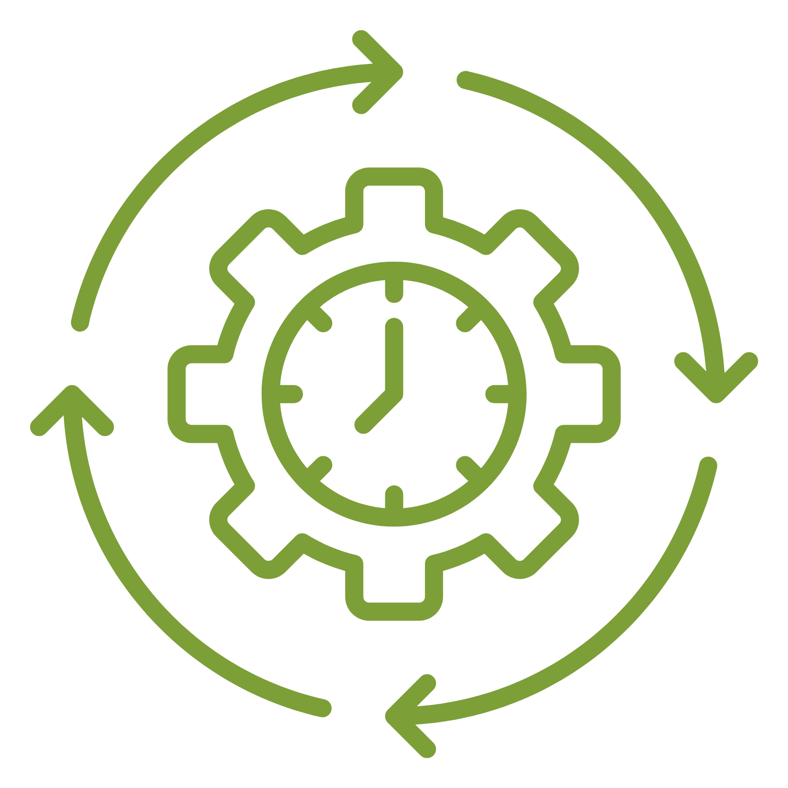 Icon of a clock inside a gear with circular arrows around it, representing time management or process automation.