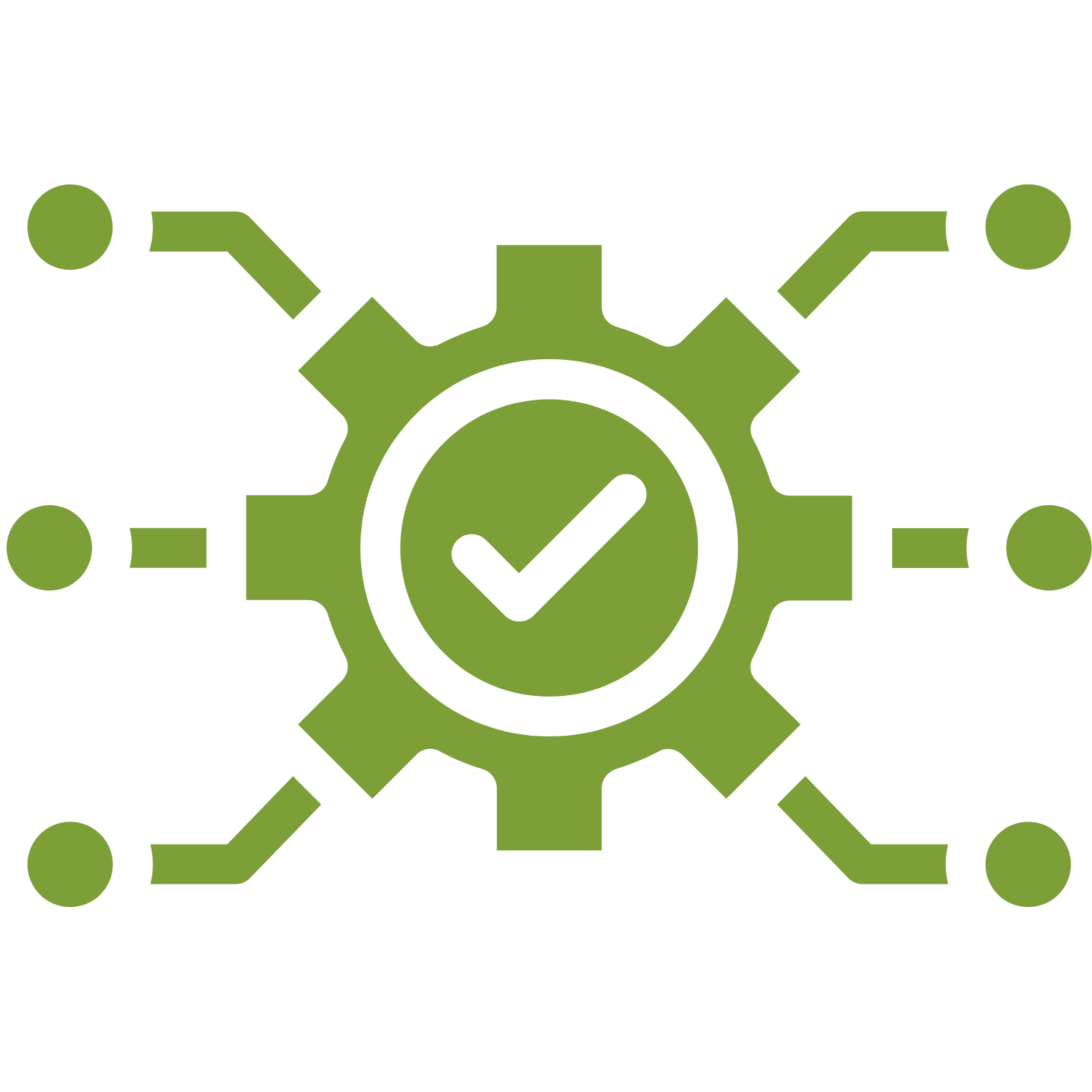 Green gear with a checkmark in the center, connected to multiple dotted lines indicating a network or system.
