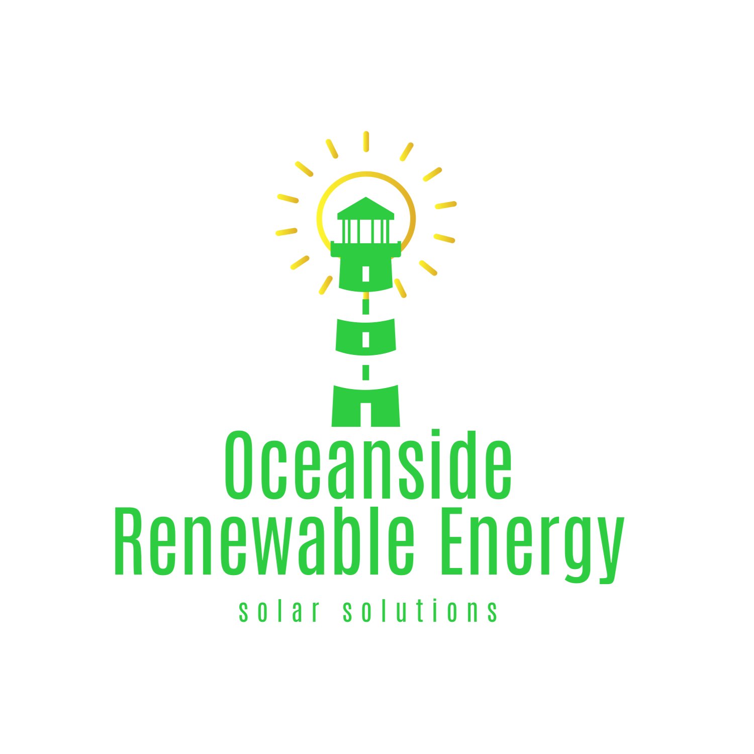 Logo for Oceanside Renewable Energy featuring a green lighthouse with yellow rays and the text 'Oceanside Renewable Energy' and 'solar solutions' in green.
