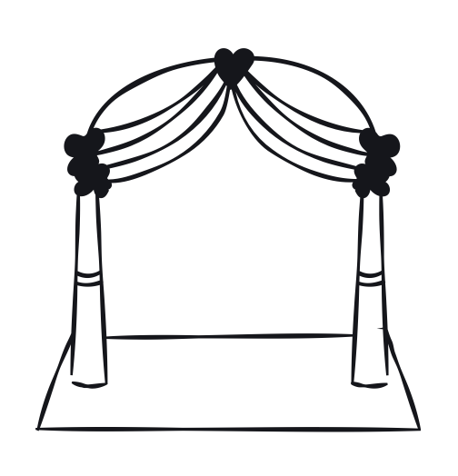 A simple black and white illustration of a wedding arch with draped fabric and heart-shaped decorations.