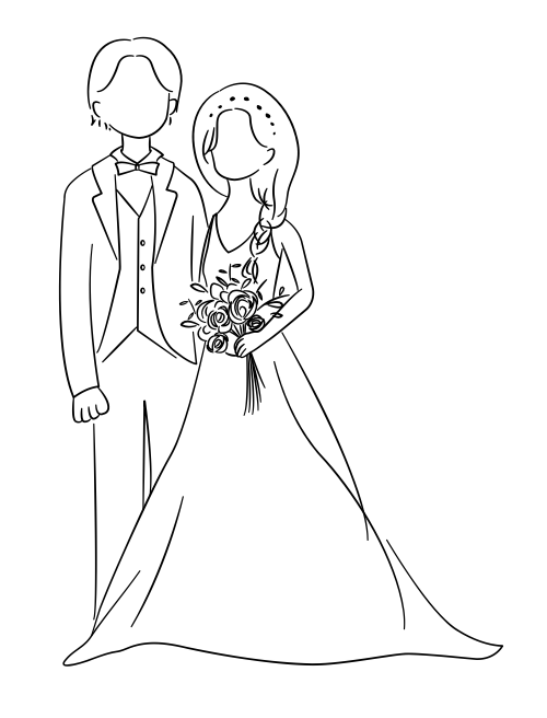 Line drawing of a bride holding a bouquet and a groom standing next to her, both dressed in wedding attire.